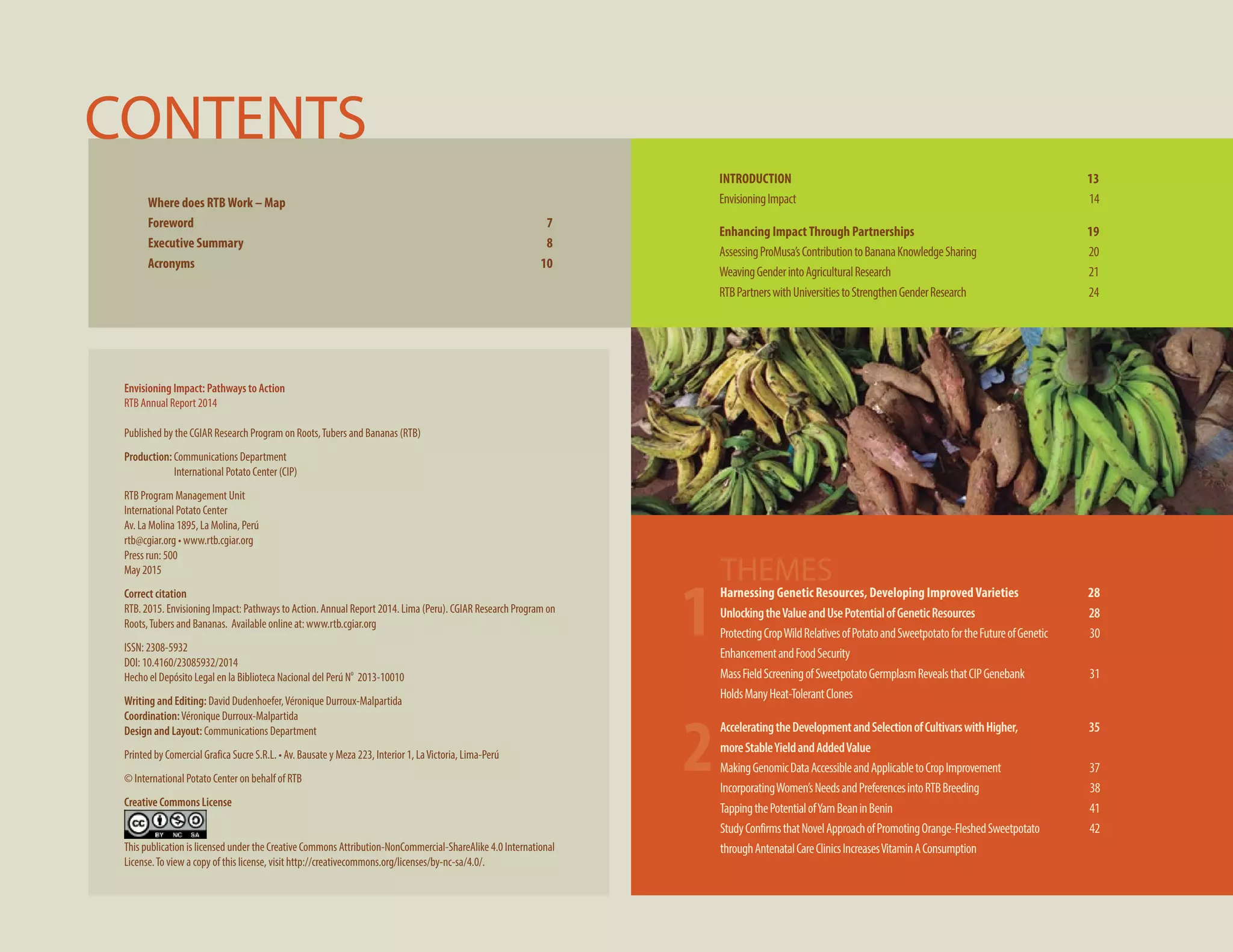 Envisioning Impact: Pathways to Action
RTB Annual Report 2014
Published by the CGIAR Research Program on Roots,Tubers and Bananas (RTB)
Production: Communications Department
	 International Potato Center (CIP)
RTB Program Management Unit
International Potato Center
Av. La Molina 1895, La Molina, Perú
rtb@cgiar.org • www.rtb.cgiar.org
Press run: 500
May 2015
Correct citation
RTB. 2015. Envisioning Impact: Pathways to Action. Annual Report 2014. Lima (Peru). CGIAR Research Program on
Roots,Tubers and Bananas. Available online at: www.rtb.cgiar.org
ISSN: 2308-5932
DOI: 10.4160/23085932/2014
Hecho el Depósito Legal en la Biblioteca Nacional del Perú No
2013-10010
Writing and Editing: David Dudenhoefer,Véronique Durroux-Malpartida
Coordination:Véronique Durroux-Malpartida
Design and Layout: Communications Department
Printed by Comercial Grafica Sucre S.R.L. • Av. Bausate y Meza 223, Interior 1, LaVictoria, Lima-Perú
© International Potato Center on behalf of RTB
Creative Commons License
This publication is licensed under the Creative Commons Attribution-NonCommercial-ShareAlike 4.0 International
License.To view a copy of this license, visit http://creativecommons.org/licenses/by-nc-sa/4.0/.
CONTENTS
THEMES
1
2
Where does RTBWork – Map					
Foreword	7
Executive Summary	 8
Acronyms	 10
INTRODUCTION	13
EnvisioningImpact	 14	
Enhancing ImpactThrough Partnerships	 19	
AssessingProMusa’sContributiontoBananaKnowledgeSharing	 20
WeavingGenderintoAgriculturalResearch	 21
RTBPartnerswithUniversitiestoStrengthenGenderResearch	 24
Harnessing Genetic Resources, Developing ImprovedVarieties	 28
UnlockingtheValueandUsePotentialofGeneticResources	 28
ProtectingCropWildRelativesofPotatoandSweetpotatofortheFutureofGenetic	 30
EnhancementandFoodSecurity
MassFieldScreeningofSweetpotatoGermplasmRevealsthatCIPGenebank	 31
HoldsManyHeat-TolerantClones	
AcceleratingtheDevelopmentandSelectionofCultivarswithHigher,	 35
moreStableYieldandAddedValue
MakingGenomicDataAccessibleandApplicabletoCropImprovement	 37
IncorporatingWomen’sNeedsandPreferencesintoRTBBreeding	 38	
TappingthePotentialofYamBeaninBenin	 41
StudyConfirmsthatNovelApproachofPromotingOrange-FleshedSweetpotato	 42
throughAntenatalCareClinicsIncreasesVitaminAConsumption
 