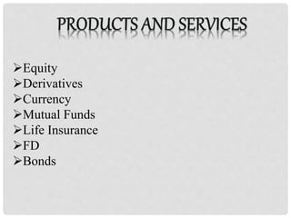 Equity
Derivatives
Currency
Mutual Funds
Life Insurance
FD
Bonds
 
