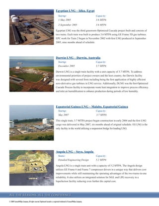 3URGXFW 'HYHORSPHQW HQWHU
RQRFR3KLOOLSV DQG %HFKWHO FRQWLQXH WR
HQKDQFH WKH 3URFHVV WHFKQRORJ WKURXJK
WKHLU MRLQW 3URGXFW 'HYHORSPHQW HQWHU
/RFDWHG LQ +RXVWRQ 7H[DV HPSORHHV
IURP ERWK FRPSDQLHV FRQWLQXDOO
FROODERUDWH WR HQKDQFH WKH 2SWLPL]HG
DVFDGH 3URFHVV FRQGXFWLQJ ERWK
HQJLQHHULQJ HYDOXDWLRQV DQG LQ¿HOG
WHVWLQJ DQG DSSOLFDWLRQ 7KURXJK WKLV
FROODERUDWLRQ RQRFR3KLOOLSV DQG %HFKWHO
KDYH QRW RQO XVHG SURFHVV RSWLPL]DWLRQ
DQG YDOXH HQJLQHHULQJ WR LPSURYH WKH
RQRFR3KLOOLSV 2SWLPL]HG DVFDGH 3URFHVV
WHFKQRORJ EXW KDYH DOVR GHYHORSHG
PHWKRGV WR LPSURYH SURMHFW H[HFXWLRQ
SURFHGXUHV ZKLFK ORZHU XQLW FRVWV
5LJKW KRLFH 5LJKW 1RZ
:LWK QHDUO IRXU GHFDGHV RI KDQGVRQ
H[SHULHQFH RSHUDWLQJ /1* IDFLOLWLHV
RXU H[SHUWLVH LV VXSSRUWHG E VXFFHVVIXO
SURYHQ RSHUDWLRQV DQG SLRQHHULQJ
LQLWLDWLYHV WKDW FRQWLQXH WR VHW QHZ
VWDQGDUGV IRU ORZFRVW /1* SURGXFWLRQ
7KLV H[SHULHQFH FRPELQHG ZLWK WKH
UHOLDELOLW RI WKH RQRFR3KLOOLSV 2SWLPL]HG
DVFDGH 3URFHVV DQG WKH XQSDUDOOHOHG
YDOXH WLPHWRPDUNHW DQG FXVWRPHU
VDWLVIDFWLRQ SURYLGHG E WKH
RQRFR3KLOOLSV%HFKWHO ROODERUDWLRQ
JLYHV SURMHFW RZQHUV DOO WKH FRQ¿GHQFH
WKH QHHG WR EH FHUWDLQ WKH¶YH PDGH WKH
EHVW FKRLFH LQ /1* WHFKQRORJ
(VWDEOLVKHG LQ  WKH
RQRFR3KLOOLSV%HFKWHO
3URGXFW 'HYHORSPHQW
HQWHU 3' 