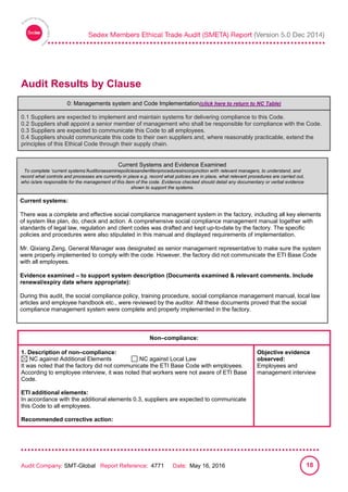 
Audit Company: SMT-Global Report Reference: 4771 Date: May 16, 2016 18
Audit Results by Clause
0: Management systems and Code Implementation
0: Managements system and Code Implementation(click here to return to NC Table)
0.1 Suppliers are expected to implement and maintain systems for delivering compliance to this Code.
0.2 Suppliers shall appoint a senior member of management who shall be responsible for compliance with the Code.
0.3 Suppliers are expected to communicate this Code to all employees.
0.4 Suppliers should communicate this code to their own suppliers and, where reasonably practicable, extend the
principles of this Ethical Code through their supply chain.
Current Systems and Evidence Examined
To complete ‘current systems’Auditorsexaminepoliciesandwrittenproceduresinconjunction with relevant managers, to understand, and
record what controls and processes are currently in place e.g. record what policies are in place, what relevant procedures are carried out,
who is/are responsible for the management of this item of the code. Evidence checked should detail any documentary or verbal evidence
shown to support the systems.
Current systems:
There was a complete and effective social compliance management system in the factory, including all key elements
of system like plan, do, check and action. A comprehensive social compliance management manual together with
standards of legal law, regulation and client codes was drafted and kept up-to-date by the factory. The specific
policies and procedures were also stipulated in this manual and displayed requirements of implementation.
Mr. Qixiang Zeng, General Manager was designated as senior management representative to make sure the system
were properly implemented to comply with the code. However, the factory did not communicate the ETI Base Code
with all employees.
Evidence examined – to support system description (Documents examined & relevant comments. Include
renewal/expiry date where appropriate):
During this audit, the social compliance policy, training procedure, social compliance management manual, local law
articles and employee handbook etc., were reviewed by the auditor. All these documents proved that the social
compliance management system were complete and properly implemented in the factory.
Non–compliance:
1. Description of non–compliance:
NC against Additional Elements NC against Local Law
It was noted that the factory did not communicate the ETI Base Code with employees.
According to employee interview, it was noted that workers were not aware of ETI Base
Code.
ETI additional elements:
In accordance with the additional elements 0.3, suppliers are expected to communicate
this Code to all employees.
Recommended corrective action:
Objective evidence
observed:
Employees and
management interview
 