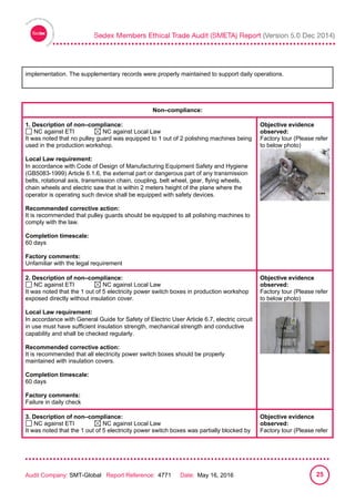 
Audit Company: SMT-Global Report Reference: 4771 Date: May 16, 2016 25
implementation. The supplementary records were properly maintained to support daily operations.
Non–compliance:
1. Description of non–compliance:
NC against ETI NC against Local Law
It was noted that no pulley guard was equipped to 1 out of 2 polishing machines being
used in the production workshop.
Local Law requirement:
In accordance with Code of Design of Manufacturing Equipment Safety and Hygiene
(GB5083-1999) Article 6.1.6, the external part or dangerous part of any transmission
belts, rotational axis, transmission chain, coupling, belt wheel, gear, flying wheels,
chain wheels and electric saw that is within 2 meters height of the plane where the
operator is operating such device shall be equipped with safety devices.
Recommended corrective action:
It is recommended that pulley guards should be equipped to all polishing machines to
comply with the law.
Completion timescale:
60 days
Factory comments:
Unfamiliar with the legal requirement
Objective evidence
observed:
Factory tour (Please refer
to below photo)
2. Description of non–compliance:
NC against ETI NC against Local Law
It was noted that the 1 out of 5 electricity power switch boxes in production workshop
exposed directly without insulation cover.
Local Law requirement:
In accordance with General Guide for Safety of Electric User Article 6.7, electric circuit
in use must have sufficient insulation strength, mechanical strength and conductive
capability and shall be checked regularly.
Recommended corrective action:
It is recommended that all electricity power switch boxes should be properly
maintained with insulation covers.
Completion timescale:
60 days
Factory comments:
Failure in daily check
Objective evidence
observed:
Factory tour (Please refer
to below photo)
3. Description of non–compliance:
NC against ETI NC against Local Law
It was noted that the 1 out of 5 electricity power switch boxes was partially blocked by
Objective evidence
observed:
Factory tour (Please refer
 