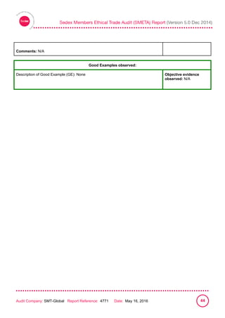 
Audit Company: SMT-Global Report Reference: 4771 Date: May 16, 2016 44
Comments: N/A
Good Examples observed:
Description of Good Example (GE): None Objective evidence
observed: N/A
 