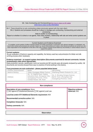
Audit Company: SMT-Global Report Reference: 4771 Date: May 16, 2016 45
8A: Sub–Contracting and Homeworking:
8A: Sub–Contracting and Homeworking(Click here to return to NC–table)
(Click here to return to Key Information)
8A.1. There should be no sub–contracting unless previously agreed with the main client.
8A.2. Systems and processes should be in place to manage sub–contracting, homeworking and external
processing.
Note to auditor on homeworking:
Report on whether it is direct or via agents. How many workers, relationship with site and what control systems are
in place.
Current Systems and Evidence Examined
To complete ‘current systems’ Auditors examine policies and written procedures in conjunction with relevant managers, to understand, and
record what controls and processes are currently in place e.g. record what policies are in place, what relevant procedures are carried out, who
is/are responsible for the management of this item of the code. Evidence checked should detail any documentary or verbal evidence shown to
support the systems.
Current systems:
As per evaluation of factory’s capacity and capability, the factory used two subcontractors for blister and silk
printing process when necessary.
Evidence examined – to support system description (Documents examined & relevant comments. Include
renewal/expiry date where appropriate):
Daily production records, warehouse in and out records and QC records were all properly reviewed by auditor. All
documents and records showed there was no practice of home-working in this factory.
If any processes are sub–contracted – please populate below boxes
Process Subcontracted Blister Silk printing
Name of factory Yidian Guanggao Blister Factory Zhanheng Plastic Products Co., Ltd
Address
No. 18, Haijing Road, Haijing
Industrial Zone, Zhongshan City,
Guangdong Province, China.
Contact Person: Mr. Huan
No. 5, Shunjing Gongye Avenue,
Banfu Town, Zhongshan City,
Guangdong Province, China.
Non–compliance:
Description of non–compliance: None
NC against ETI/Additional Elements NC against Local Law
Local law and/or ETI /Additional Elements requirement: N/A
Recommended corrective action: N/A
Completion timescale: N/A
Factory comments: N/A
Objective evidence
observed: N/A
Observation:
 