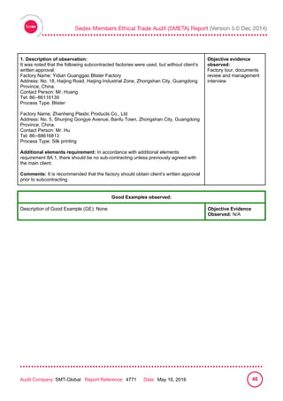 
Audit Company: SMT-Global Report Reference: 4771 Date: May 16, 2016 46
1. Description of observation:
It was noted that the following subcontracted factories were used, but without client’s
written approval.
Factory Name: Yidian Guanggao Blister Factory
Address: No. 18, Haijing Road, Haijing Industrial Zone, Zhongshan City, Guangdong
Province, China.
Contact Person: Mr. Huang
Tel: 86--86116139
Process Type: Blister
Factory Name: Zhanheng Plastic Products Co., Ltd
Address: No. 5, Shunjing Gongye Avenue, Banfu Town, Zhongshan City, Guangdong
Province, China.
Contact Person: Mr. Hu
Tel: 86--88616813
Process Type: Silk printing
Additional elements requirement: In accordance with additional elements
requirement 8A.1, there should be no sub-contracting unless previously agreed with
the main client.
Comments: It is recommended that the factory should obtain client’s written approval
prior to subcontracting.
Objective evidence
observed:
Factory tour, documents
review and management
interview
Good Examples observed:
Description of Good Example (GE): None Objective Evidence
Observed: N/A
 
