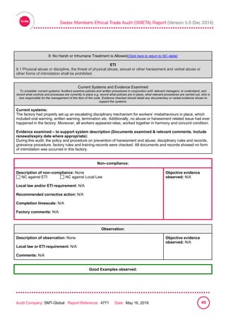 
Audit Company: SMT-Global Report Reference: 4771 Date: May 16, 2016 49
9: No Harsh or Inhumane Treatment is allowed
9: No Harsh or Inhumane Treatment is Allowed(Click here to return to NC–table)
ETI
9.1 Physical abuse or discipline, the threat of physical abuse, sexual or other harassment and verbal abuse or
other forms of intimidation shall be prohibited.
Current Systems and Evidence Examined
To complete ‘current systems’ Auditors examine policies and written procedures in conjunction with relevant managers, to understand, and
record what controls and processes are currently in place e.g. record what policies are in place, what relevant procedures are carried out, who is
/are responsible for the management of this item of the code. Evidence checked should detail any documentary or verbal evidence shown to
support the systems.
Current systems:
The factory had properly set up an escalating disciplinary mechanism for workers’ misbehaviours in place, which
included oral warning, written warning, termination etc. Additionally, no abuse or harassment related issue had ever
happened in the factory. Moreover, all workers appeared relax, worked together in harmony and concord condition.
Evidence examined – to support system description (Documents examined & relevant comments. Include
renewal/expiry date where appropriate):
During this audit, the policy and procedure on prevention of harassment and abuse, disciplinary rules and records,
grievance procedure, factory rules and training records were checked. All documents and records showed no form
of intimidation was occurred in this factory.
Non–compliance:
Description of non–compliance: None
NC against ETI NC against Local Law
Local law and/or ETI requirement: N/A
Recommended corrective action: N/A
Completion timescale: N/A
Factory comments: N/A
Objective evidence
observed: N/A
Observation:
Description of observation: None
Local law or ETI requirement: N/A
Comments: N/A
Objective evidence
observed: N/A
Good Examples observed:
 