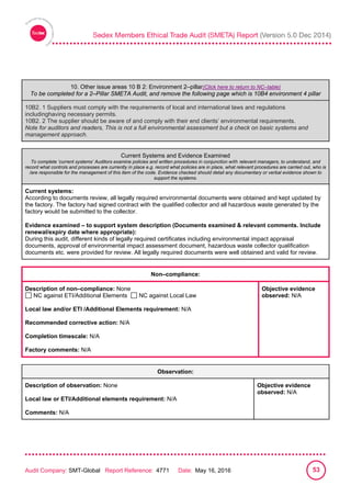 
Audit Company: SMT-Global Report Reference: 4771 Date: May 16, 2016 53
10 B 2: Environment 2–pillar
10. Other issue areas 10 B 2: Environment 2–pillar(Click here to return to NC–table)
To be completed for a 2–Pillar SMETA Audit, and remove the following page which is 10B4 environment 4 pillar
10B2. 1 Suppliers must comply with the requirements of local and international laws and regulations
includinghaving necessary permits.
10B2. 2 The supplier should be aware of and comply with their end clients’ environmental requirements.
Note for auditors and readers, This is not a full environmental assessment but a check on basic systems and
management approach.
Current Systems and Evidence Examined
To complete ‘current systems’ Auditors examine policies and written procedures in conjunction with relevant managers, to understand, and
record what controls and processes are currently in place e.g. record what policies are in place, what relevant procedures are carried out, who is
/are responsible for the management of this item of the code. Evidence checked should detail any documentary or verbal evidence shown to
support the systems.
Current systems:
According to documents review, all legally required environmental documents were obtained and kept updated by
the factory. The factory had signed contract with the qualified collector and all hazardous waste generated by the
factory would be submitted to the collector.
Evidence examined – to support system description (Documents examined & relevant comments. Include
renewal/expiry date where appropriate):
During this audit, different kinds of legally required certificates including environmental impact appraisal
documents, approval of environmental impact assessment document, hazardous waste collector qualification
documents etc. were provided for review. All legally required documents were well obtained and valid for review.
Non–compliance:
Description of non–compliance: None
NC against ETI/Additional Elements NC against Local Law
Local law and/or ETI /Additional Elements requirement: N/A
Recommended corrective action: N/A
Completion timescale: N/A
Factory comments: N/A
Objective evidence
observed: N/A
Observation:
Description of observation: None
Local law or ETI/Additional elements requirement: N/A
Comments: N/A
Objective evidence
observed: N/A
 