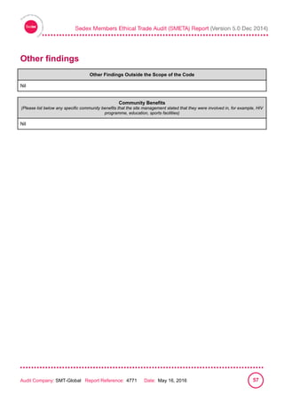 
Audit Company: SMT-Global Report Reference: 4771 Date: May 16, 2016 57
Other findings
Other Findings Outside the Scope of the Code
Nil
Community Benefits
(Please list below any specific community benefits that the site management stated that they were involved in, for example, HIV
programme, education, sports facilities)
Nil
 