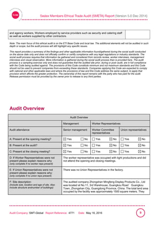 
Audit Company: SMT-Global Report Reference: 4771 Date: May 16, 2016 9
and agency workers, Workers employed by service providers such as security and catering staff
as well as workers supplied by other contractors.
Note: The main focus of this ethical audit is on the ETI Base Code and local law. The additional elements will not be audited in such
depth or scope, but the audit process will still highlight any specific issues.
This report provides a summary of the findings and other applicable information found/gathered during the social audit conducted
on the above date only and does not officially confirm or certify compliance with any legal regulations or industry standards. The
social audit process requires that information be gathered and considered from records review, worker interviews, management
interviews and visual observation. More information is gathered during the social audit process than is provided here. The audit
process is a sampling exercise only and does not guarantee that the audited site prior, during or post–audit, are in full compliance
with the Code being audited against. The provisions of this Code constitute minimum and not maximum standards and this Code
should not be used to prevent companies from exceeding these standards. Companies applying this Code are expected to comply
with national and other applicable laws and where the provisions of law and this Code address the same subject, to apply that
provision which affords the greater protection. The ownership of this report remains with the party who has paid for the audit.
Release permission must be provided by the owner prior to release to any third parties.
Audit Overview
Audit Overview
Management Worker Representatives
Audit attendance Senior management Worker Committee
representatives
Union representatives
A: Present at the opening meeting? Yes No Yes No Yes No
B: Present at the audit? Yes No Yes No Yes No
C: Present at the closing meeting? Yes No Yes No Yes No
D: If Worker Representatives were not
present please explain reasons why
(only complete if no worker reps present)
The worker representative was occupied with tight productions and did
not attend the opening and closing meetings.
E: If Union Representatives were not
present please explain reasons why:
(only complete if no union reps present)
There was no Union Representatives in the factory.
F: Site description:
(Include size, location and age of site. Also
include structure andnumber of buildings)
The audited company Zhongshan Mingfeng Display Products Co., Ltd
was located at No.11, 3rd Warehouse, Guangkou Road
，
Guangkou
Town, Zhongshan City, Guangdong Province, China. The total land area
occupied by the facility was approximately 1500 square meters. They
 