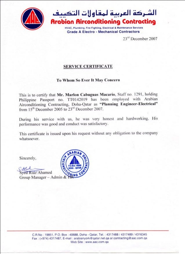 Arabian Aircondining Contg_qatar employment certificate