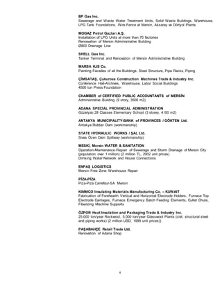 4
BP Gas Inc.
Sewerage and Waste Water Treatment Units, Solid Waste Buildings, Warehouse,
LPG Tank Foundations, Wire Fence at Mersin, Aksaray ve Dörtyol Plants
MOGAZ Petrol Gazları A.Ş.
Installation of LPG Units at more than 70 factories
Renowation of Mersin Administrative Building
Ø800 Drainage Line
SHELL Gas Inc.
Tanker Terminal and Renovation of Mersin Administrative Building
MARSA KJS Co.
Painting Facades of all the Buildings, Steel Structure, Pipe Racks, Piping
ÇİMSATAŞ, Çukurova Construction Machines Trade & Industry Inc.
Conference Hall-Archives, Warehouse, Labor Social Buildings
4500 ton Press Foundation
CHAMBER of CERTIFIED PUBLIC ACCOUNTANTS of MERSİN
Administrative Building (9 story, 3500 m2)
ADANA SPECIAL PROVINCIAL ADMINISTRATION
Güzelyalı 28 Classes Elementary School (3 storey, 4100 m2)
ANTAKYA MUNICIPALITY-BANK of PROVINCES / GÖKTEN Ltd.
Antakya Rubber Dam (workmanship)
STATE HYDRAULIC WORKS / ŞAL Ltd.
Sivas Özen Dam Spillway (workmanship)
MESKİ, Mersin WATER & SANITATION
Operation-Maintenance-Repair of Sewerage and Storm Drainage of Mersin City
(population over 1 million) (2 million TL, 2002 unit prices)
Drinking Water Network and House Connections
ENPAŞ LOGISTICS
Mersin Free Zone Warehouse Repair
PİZA-PİZA
Piza-Piza Carrefour-SA Mersin
KIMMCO Insulating Materials Manufacturing Co. – KUWAIT
Fabrication of Forehearth Vertical and Horizontal Electrode Holders, Furnace Top
Electrode Carriages, Furnace Emergency Batch Feeding Elements, Cullet Chute,
Fiberizing Machine Supports
ÖZPOR Heat Insulation and Packaging Trade & Industry Inc.
25.000 ton/year Rockwool, 5.000 ton/year Glasswool Plants (civil, structural steel
and piping works) (2 million USD, 1999 unit prices))
PAŞABAHÇE Retail Trade Ltd.
Renovation of Adana Shop
 