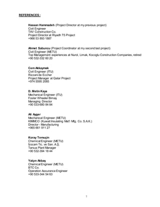 7
REFERENCES :
Hassan Hammadeh (Project Director at my previous project)
Civil Engineer
TAV Construction Co.
Project Director at Riyadh T5 Project
+966 53 893 1887
Ahmet Sabuncu (Project Coordinator at my second last project)
Civil Engineer (METU)
Top Management experiences at Nurol, Limak, Kocoglu Construction Companies, retired
+90 532-332 60 20
Cem Akkaymak
Civil Engineer (ITU)
Rizzani de Eccher
Project Manager at Qatar Project
+974 5595 2085
D. Metin Kaya
Mechanical Engineer (ITU)
Foster Wheeler Bimaş
Managing Director
+90 533-680 84 84
Ali Ayger
Mechanical Engineer (METU)
KIMMCO (Kuwait Insulating Mat’l Mfg. Co. S.A.K.)
Director - Manufacturing
+965 661 911 27
Koray Temuçin
Chemical Engineer (METU)
İzocam Tic. ve San. A.Ş.
Tarsus Plant Manager
+90 532-394 18 44
Yalçın Akbaş
Chemical Engineer (METU)
BTC Co.
Operation Assurance Engineer
+90 533-344 54 63
 