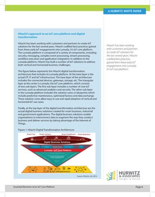 Page 6Essential Elements of an IoT Core Platform
A Hurwitz white paper
Hitachi’s approach to an IoT core platform and digital
transformation
Hitachi has been working with customers and partners to create IoT
solutions for the last several years. Hitachi codified best practices gained
from these early IoT engagements into Lumada, it’s IoT core platform.
The Lumada platform is composed of a variety of components, including
security, messaging, complex event processing, stream processing,
workflow execution and application integration. In addition to the
Lumada platform, Hitachi has built a number of IoT solutions to address
both vertical and horizontal business challenges.
The figure below represents the Hitachi digital transformation
architecture that includes its Lumada platform. At the base layer is the
actual OT, IT and IoT infrastructure. The base layer of the architecture
includes the connected devices, gateways, storage, etc. The triangular
layer at the center is Lumada, the IoT core platform, which consists
of two sub-layers. The first sub-layer includes a number of core IoT
services, such as advanced analytics and security. The other sub-layer
in the Lumada platform includes the solution cores or blueprints which
include predictive maintenance, optimized factory and data exchange.
These solution cores allow easy re-use and rapid adoption of vertical and
horizontal IoT use cases.
Finally, at the top layer of the digital transformation architecture are the
actual digital business solutions created for smart business, industrial
and government applications. The digital business solutions enable
organizations to interconnect data to augment the way they conduct
business and deliver services by taking advantage of the Internet of
Things.
Figure 1: Hitachi Digital Transformation Architecture
Source: Hitachi, Ltd. 2016
Hitachi has been working
with customers and partners
to create IoT solutions for
the last several years. Hitachi
codified best practices
gained from these early IoT
engagements into Lumada,
it’s IoT core platform.
 