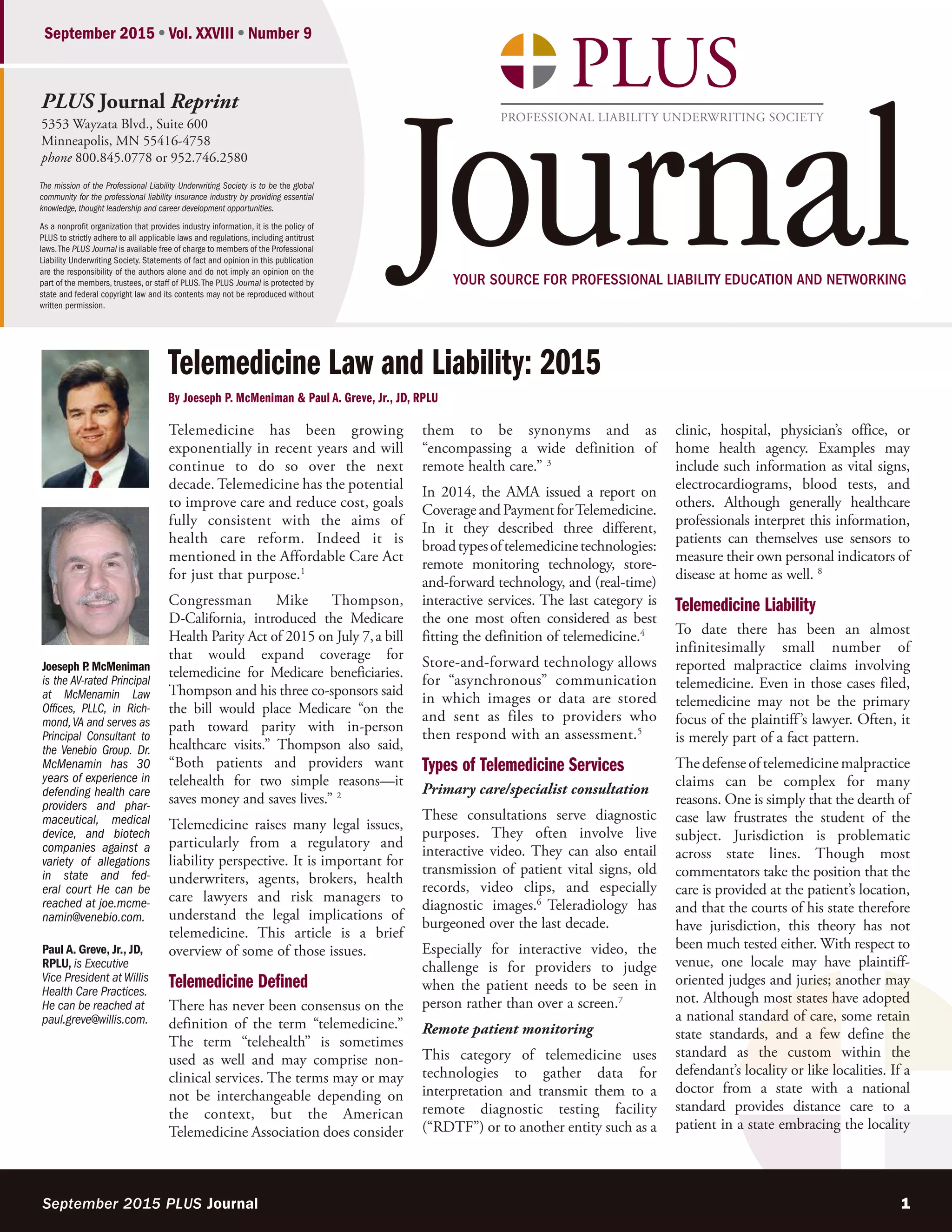 Telemedicine PLUS Journal September 2015 | PDF