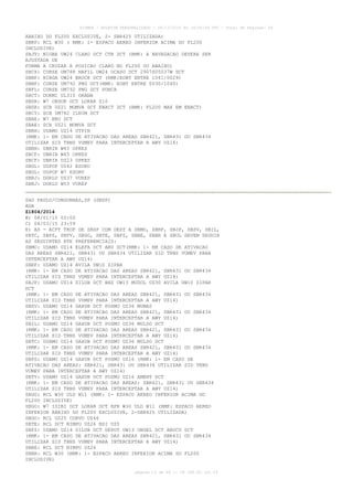 AISWEB - BOLETIM PERSONALIZADO - 28/12/2014 às 14:55:54 UTC - Total de Páginas: 64
página 13 de 64 :: IP 189.62.162.43
ABAIXO DO FL200 EXCLUSIVE, 2- SBR425 UTILIZADA)
SBRP: RCL W30 ( RMK: 1- ESPACO AEREO INFERIOR ACIMA DO FL200
INCLUSIVE)
SBJV: NIGBA UW24 CLARO DCT CTB DCT (RMK: A NAVEGACAO DEVERA SER
AJUSTADA DE
FORMA A CRUZAR A POSICAO CLARO NO FL200 OU ABAIXO)
SBCX: CURSE UM788 NAFIL UW24 OCASO DCT 2907S05037W DCT
SBNF: NIBGA UW24 BROCK DCT (RMK:EOBT ENTRE 1041/0029)
SBNF: CURSE UM792 PNG DCT(RMK: EOBT ENTRE 0030/1040)
SBFL: CURSE UM792 PNG DCT PONCA
SBCT: DORMI UL310 ORANA
SBSR: W7 OBDOK DCT LOKAR Z10
SBSR: SCB UZ21 MOMVA DCT ENACT DCT (RMK: FL200 MAX EM ENACT)
SBCY: SCB UM782 ILNIM DCT
SBAE: W7 BRU DCT
SBAE: SCB UZ21 MOMVA DCT
SBBH: USAMO UZ14 UTPIN
(RMK: 1- EM CASO DE ATIVACAO DAS AREAS SBR421, SBR431 OU SBR434
UTILIZAR SID TRNS VUMEV PARA INTERCEPTAR A AWY UZ14)
SBBH: UBRIR W45 OPKES
SBCF: UBRIR W45 OPKES
SBCF: UBRIR UZ23 OPKES
SBGL: UGPOP UZ42 ESORU
SBGL: UGPOP W7 ESORU
SBRJ: DORLU UZ37 VUREP
SBRJ: DORLU W53 VUREP
SAO PAULO/CONGONHAS,SP (SBSP)
AGA
Z1804/2014
B) 08/01/15 00:00
C) 04/03/15 23:59
E) AD - ACFT TKOF DE SBSP COM DEST A SBMO, SBRF, SBJP, SBSV, SBIL,
SBTC, SBPS, SBTV, SBGO, SBTE, SBFZ, SBBE, SBBR E SBUL DEVEM SEGUIR
AS SEGUINTES RTE PREFERENCIAIS:
SBMO: USAMO UZ14 ELEFA DCT ARU DCT(RMK: 1- EM CASO DE ATIVACAO
DAS AREAS SBR421, SBR431 OU SBR434 UTILIZAR SID TRNS VUMEV PARA
INTERCEPTAR A AWY UZ14)
SBRF: USAMO UZ14 AVILA UW10 ZIPAR
(RMK: 1- EM CASO DE ATIVACAO DAS AREAS SBR421, SBR431 OU SBR434
UTILIZAR SID TRNS VUMEV PARA INTERCEPTAR A AWY UZ14)
SBJP: USAMO UZ14 SILUB DCT BHZ UW13 MUDOL UZ30 AVILA UW10 ZIPAR
DCT
(RMK: 1- EM CASO DE ATIVACAO DAS AREAS SBR421, SBR431 OU SBR434
UTILIZAR SID TRNS VUMEV PARA INTERCEPTAR A AWY UZ14)
SBSV: USAMO UZ14 GAXUB DCT POSMU UZ36 MUMAS
(RMK: 1- EM CASO DE ATIVACAO DAS AREAS SBR421, SBR431 OU SBR434
UTILIZAR SID TRNS VUMEV PARA INTERCEPTAR A AWY UZ14)
SBIL: USAMO UZ14 GAXUB DCT POSMU UZ36 MULSO DCT
(RMK: 1- EM CASO DE ATIVACAO DAS AREAS SBR421, SBR431 OU SBR434
UTILIZAR SID TRNS VUMEV PARA INTERCEPTAR A AWY UZ14)
SBTC: USAMO UZ14 GAXUB DCT POSMU UZ36 MULSO DCT
(RMK: 1- EM CASO DE ATIVACAO DAS AREAS SBR421, SBR431 OU SBR434
UTILIZAR SID TRNS VUMEV PARA INTERCEPTAR A AWY UZ14)
SBPS: USAMO UZ14 GAXUB DCT POSMU UZ16 (RMK: 1- EM CASO DE
ATIVACAO DAS AREAS: SBR421, SBR431 OU SBR434 UTILIZAR SID TRNS
VUMEV PARA INTERCEPTAR A AWY UZ14)
SBTV: USAMO UZ14 GAXUB DCT POSMU UZ16 AMENT DCT
(RMK: 1- EM CASO DE ATIVACAO DAS AREAS: SBR421, SBR431 OU SBR434
UTILIZAR SID TRNS VUMEV PARA INTERCEPTAR A AWY UZ14)
SBGO: RCL W30 ULD W11 (RMK: 1- ESPACO AEREO INFERIOR ACIMA DO
FL200 INCLUSIVE)
SBGO: W7 ISIBI DCT LOKAR DCT RPR W30 ULD W11 (RMK: ESPACO AEREO
INFERIOR ABAIXO DO FL200 EXCLUSIVE, 2-SBR425 UTILIZADA)
SBGO: RCL UZ25 CORVO UZ46
SBTE: RCL DCT NIMPU UZ26 BSI UZ5
SBFZ: USAMO UZ14 SILUB DCT DEPOT UW13 OBGEL DCT ABUCU DCT
(RMK: 1- EM CASO DE ATIVACAO DAS AREAS SBR421, SBR431 OU SBR434
UTILIZAR SID TRNS VUMEV PARA INTERCEPTAR A AWY UZ14)
SBBE: RCL DCT NIMPU UZ26
SBBR: RCL W30 (RMK: 1- ESPACO AEREO INFERIOR ACIMA DO FL200
INCLUSIVE)
 