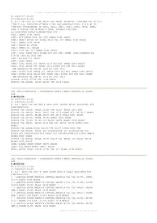 AISWEB - BOLETIM PERSONALIZADO - 28/12/2014 às 14:55:54 UTC - Total de Páginas: 64
página 21 de 64 :: IP 189.62.162.43
B) 08/01/15 00:00
C) 04/03/15 23:59
E) AD - EM CASO DE UTILIZACAO DAS AREAS XAVANTES, CONFORME AIC N27/13
ITEM 5.2.4, IMPOSSIBILITANDO O USO DAS AEROVIAS UZ10, Z10 E W2 OS
TRAFEGOS PROCEDENTES DE SBGL, SBIL, SBPS, SBRJ, SBSV, SBVT, SBMO,
SBRF E EUROPA COM DESTINO A SBGR, PODERAO UTILIZAR
AS SEGUINTES ROTAS ALTERNATIVAS IFR :
SBGL: UMBAD UZ44 PAGOG
SBIL: DCT DENDE UZ10 PAI DCT UMBAD UZ44 PAGOG
SBPS: UN857 XUVUD DCT SARLA UZ10 PAI DCT UMBAD UZ44 PAGOG
SBRJ: UMBAD UZ44 PAGOG
SBRJ: NAXOP W6 VUKIK
SBRJ: UMBAD Z11 PAGOG
SBSV: UZ10 PAI DCT UMBAD UZ44 PAGOG
SBSV: UZ10 PUBAV UZ16 POSMU DCT CNF UZ21 MOXEP (RMK:INGRESSO NA
FIR-BS 1400 AS 1800 UTC)
SBVT: W6 ADA Z11 PAGOG
SBVT: UZ44 PAGOG
SBMO: UZ42 SAVBI DCT SARLA UZ10 PAI DCT UMBAD UZ44 PAGOG
SBMO: UZ42 RAIRA DCT PUBAV UZ16 POSMU DCT CNF UZ21 MOXEP
(RMK:INGRESSO NA FIR-BS 1400 AS 1800 UTC)
SBRF: POTRO UZ42 SAVBI DCT SARLA UZ10 PAI DCT UMBAD UZ44 PAGOG
SBRF: POTRO UZ42 RAIRA DCT PUBAV UZ16 POSMU DCT CNF UZ21 MOXEP
(RMK:INGRESSO NA FIR-BS 1400 AS 1800 UTC)
EUROPA: KODOS UL206 VTR UZ44 PAGOG
EUROPA VIA AORRA: POLVO UL330 VTR UZ44 PAGOG
SAO PAULO/GUARULHOS - GOVERNADOR ANDRE FRANCO MONTORO,SP (SBGR)
AGA
Z1809/2014
B) 08/01/15 00:00
C) 04/03/15 23:59
E) AD - TKOF COM DESTINO A SBGR DEVE SEGUIR PELAS SEGUINTES RTE
PREFERENCIAIS:
EUROPA VIA UL206: KODOS UL206 VTR UL327 SIDUR UZ10 TBE
EUROPA VIA UN857: ERETU UN857 SGR UZ16 POSMU DCT CNF UZ21 MOXEP
EUROPA VIA UN873: TASIL UN873 NTL UZ14 TOMAS UZ21 MOXEP
EUROPA VIA UN741: NANIK UN741 MUMDI UZ38 MOXEP
EUROPA VIA ISIXU: ISIXU UZ4 PACAS UM654 MOMKO UZ38 MOXEP
EUROPA VIA SAPGO: SAPGO UZ54 BEL UZ3 HATCH UM654 MOMKO UZ38
MOXEP
EUROPA VIA AORRA:POLVO UL330 VTR UL327 SIDUR UZ10 TBE
EUROPA VIA MOVGA: MOVGA DCT 0000N03900W DCT 0200S03936W DCT
ESDAB DCT 0600S04051W DCT CADET DCT 0928S04200W DCT LIVAD UM654
MOMKO UZ38 MOXEP
EUROPA VIA MOVGA: MOVGA UM799 EGBIR UZ5 BARKA UZ4 PACAS UM654
MOMKO UZ38 MOXEP
SCEL: ARULA UM400 RONUT UM671 ANISE
SGAS: FOZ UM548 RONUT UM671 ANISE
MPTO: ABIDE UM549 VUBOM UL795 URB DCT PABAV UZ38 MOXEP
SAO PAULO/GUARULHOS - GOVERNADOR ANDRE FRANCO MONTORO,SP (SBGR)
AGA
Z1800/2014
B) 12/12/14 23:08
C) 04/03/15 23:59
E) AD - TKOF COM DEST A SBGR DEVEM SEGUIR PELAS SEGUINTES RTE
PREFERENCIAIS
1 - AMERICA NORTE/AMERICA CENTRAL/AMERICA SUL VIA UL795: VUMPI
UL795 RAXUS UZ38 MOXEP
2 - AMERICA NORTE/AMERICA CENTRAL/AMERICA SUL VIA UL304: POVLA
UL304 EGONI UL795 RAXUS UZ38 MOXEP
3 - AMERICA NORTE/AMERICA CENTRAL/AMERICA SUL VIA UM423: PAKON
UM423 EGONI UL795 RAXUS UZ38 MOXEP
4 - AMERICA NORTE/AMERICA CENTRAL/AMERICA SUL VIA UM417: VAGAN
UM417 RORIT UZ8 EGONI UL795 RAXUS UZ38 MOXEP
5 - AMERICA NORTE/AMERICA CENTRAL/AMERICA SUL VIA UL201: ABIDE
UL201 MABMA UZ8 EGONI UL795 RAXUS UZ38 MOXEP
6 - AMERICA NORTE/AMERICA CENTRAL/AMERICA SUL VIA UM549: ABIDE
UM549 VUBOM UL795 RAXUS UZ38 MOXEP
 
