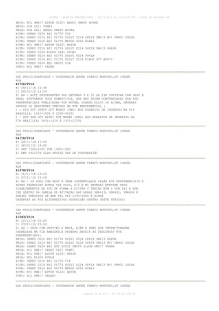AISWEB - BOLETIM PERSONALIZADO - 28/12/2014 às 14:55:54 UTC - Total de Páginas: 64
página 25 de 64 :: IP 189.62.162.43
KMIA: RCL UM417 ASTOB UL201 ANGOL UM656 BUVKA
KMIA: SCB UZ21 VUMPI
KMIA: SCB UZ21 ANGOL UM656 BUVKA
KJFK: UKBEV UZ26 BSI UL776 TIR
KJFK: UKBEV UZ26 BSI UL776 DOLVI UZ24 OPRIX UM423 BVI UM402 UDUSA
KJFK: UKBEV UZ26 BSI UL776 MEVOS UZ52 ACARI
KJFK: RCL UM417 ASTOB UL201 ABIDE
KJFK: UKBEV UZ26 BSI UL776 DOLVI UZ24 OPRIX UM423 PAKON
KJFK: UKBEV UZ26 KODSU UZ41 OTONI
KJFK: UKBEV UZ26 BSI UL776 DOLVI UZ24 POVLA
KJFK: UKBEV UZ26 BSI UL776 DOLVI UZ24 ELNOV DCT BUVIP
KJFK: UKBEV UZ26 BEL UA555 OIA
SVMI: RCL UM417 VAGAN
SAO PAULO/GUARULHOS - GOVERNADOR ANDRE FRANCO MONTORO,SP (SBGR)
AGA
Z1712/2014
B) 08/12/14 16:48
C) 04/03/15 23:59
E) AD - ACFT PROCEDENTES DOS SETORES 9 E 10 DA FIR CURITIBA COM DEST A
SBGR, EFETUANDO VOOS DOMESTICOS, QUE NAO SEJAM CONTEMPLADAS POR RTE
PREFERENCIAIS PUBLICADAS POR NOTAM, VOANDO FL200 OU ACIMA, DEVERAO
SEGUIR OS SEGUINTES TRECHOS DE RTE PREFERENCIAL :
1 - PIR DCT OPRUT DCT MOXEP (OBS: NOS HORARIOS DE INGRESSO NA FIR
BRASILIA: 1430-1930 E 2230-0830)
2 - DCT RPR DCT NIPKI DCT MOXEP (OBS: NOS HORARIOS DE INGRESSO NA
FIR BRASILIA: 0831-1429 E 1931-2229)
SAO PAULO/GUARULHOS - GOVERNADOR ANDRE FRANCO MONTORO,SP (SBGR)
AGA
D4116/2014
B) 29/11/14 15:00
C) 18/01/15 19:00
D) SAT 1500-2000 SUN 1400-1900
E) RWY 09L/27R CLSD DEVIDO SER DE TOPOGRAFIA)
SAO PAULO/GUARULHOS - GOVERNADOR ANDRE FRANCO MONTORO,SP (SBGR)
AGA
Z1574/2014
B) 11/11/14 19:22
C) 07/01/15 23:59
E) AD - OS VOOS COM DEST A SBGR CONTEMPLADOS PELAS RTE PREFERENCIAIS E
ROTAS TRANSICAO AORRA VIA UZ10, Z10 E W2 DEVERAO EFETUAR SEUS
PLANEJAMENTOS DE VOO DE FORMA A EVITAR O TRECHO BTN O VOR PAI E NDB
TBE DENTRO DA JANELA DE ATIVACAO DAS AREAS SBR423, SBR431, SBR434 E
SBR421 PREVISTA DE MON TIL FRI 1600-2000 E AINDA
OBSERVAR AS RTE ALTERNATIVAS SUGERIDAS DENTRO DESTE PERIODO)
SAO PAULO/GUARULHOS - GOVERNADOR ANDRE FRANCO MONTORO,SP (SBGR)
AGA
Z1563/2014
B) 22/11/14 00:00
C) 07/01/15 23:59
E) AD - VOOS COM DESTINO A KMIA, KJFK E SVMI QUE INTENCIONAREM
INGRESSAR NA FIR AMAZONICA DEVERAO SEGUIR AS SEGUINTES RTE
PREFERENCIAIS:
KMIA: UKBEV UZ26 BSI UL776 DOLVI UZ24 OPRIX UM423 PAKON
KMIA: UKBEV UZ26 BSI UL776 DOLVI UZ24 OPRIX UM423 BVI UM402 UDUSA
KMIA: UKBEV UZ26 BSI DCT GIGTI UM409 ILSUB UM417 VAGAN
KMIA: RCL UM417 OBGAT UZ21 VUMPI
KMIA: RCL UM417 ASTOB UL201 ABIDE
KMIA: RCL UL304 POVLA
KJFK: UKBEV UZ26 BSI UL776 TIR
KJFK: UKBEV UZ26 BSI UL776 DOLVI UZ24 OPRIX UM423 BVI UM402 UDUSA
KJFK: UKBEV UZ26 BSI UL776 MEVOS UZ52 ACARI
KJFK: RCL UM417 ASTOB UL201 ABIDE
SVMI: RCL UM417 VAGAN)
SAO PAULO/GUARULHOS - GOVERNADOR ANDRE FRANCO MONTORO,SP (SBGR)
 