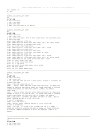 AISWEB - BOLETIM PERSONALIZADO - 28/12/2014 às 14:55:54 UTC - Total de Páginas: 64
página 32 de 64 :: IP 189.62.162.43
REF: ROTAER 3-S
AIP AD2)
CAMPINAS/VIRACOPOS,SP (SBKP)
AGA
D4474/2014
B) 07/01/15 05:00
C) 28/01/15 06:30
D) WED 0500-0630
E) RWY 15/33 CLSD DEVIDO SER MAINT)
CAMPINAS/VIRACOPOS,SP (SBKP)
AGA
Z1813/2014
B) 08/01/15 00:00
C) 04/03/15 23:59
E) AD - ACFT COM DEST A KJFK E KMIA PODEM SEGUIR AS SEGUINTES ROTAS
ALTERNATIVAS IFR:
KJFK: UKBEV UZ26 BSI UL776 TIR
KJFK: UKBEV UZ26 BSI UL776 DOLVI UZ24 OPRIX UM423 BVI UM402 UDUSA
KJFK: UKBEV UZ26 BSI UL776 MEVOS UZ52 ACARI
KJFK: RCL UM417 ASTOB UL201 ABIDE
KJFK: UKBEV UZ26 BSI UL776 DOLVI UZ24 OPRIX UM423 PAKON
KJFK: UKBEV UZ26 KODSU UZ41 OTONI
KJFK: UKBEV UZ26 BSI UL776 DOLVI UZ24 POVLA
KJFK: UKBEV UZ26 BSI UL776 DOLVI UZ24 ELNOV DCT BUVIP
KJFK: UKBEV UZ26 BEL UA555 OIA
KMIA: UKBEV UZ26 BSI UL776 DOLVI UZ24 OPRIX UM423 PAKON
KMIA: UKBEV UZ26 BSI UL776 DOLVI UZ24 OPRIX UM423 BVI UM402 UDUSA
KMIA: UKBEV UZ26 BSI DCT GIGTI UM409 ILSUB UM417 VAGAN
KMIA: RCL UM417 OBGAT UZ21 VUMPI
KMIA: RCL UM417 ASTOB UL201 ABIDE
KMIA: RCL UL304 POVLA
KMIA: RCL UM417 ASTOB UL201 ANGOL UM656 BUVKA
KMIA: SCB UZ21 VUMPI
KMIA: SCB UZ21 ANGOL UM656 BUVKA
CAMPINAS/VIRACOPOS,SP (SBKP)
AGA
Z1812/2014
B) 08/01/15 00:00
C) 04/03/15 23:59
E) AD - TKOF DE SBKP COM DEST A SBBR PODERAO SEGUIR AS SEGUINTES RTE
ALTERNATIVAS IFR :
SBBR: KP701 DCT ISMOB DCT RPR W30
(RMK: 1- ESPACO AEREO INFERIOR ACIMA FL200 INCLUSIVE, 2- DESDE QUE
DURANTE A EXECUCAO DAS SID DE SBKP, NAO TENHA CONDICOES DE CUMPRIR
A RESTRICAO MINIMA DO FL200 NOS LIMITES LATERAIS DA SBR425)
SBBR:ISMOB Z7
(RMK: 1- ESPACO AEREO INFERIOR ACIMA FL200 INCLUSIVE, 2- DESDE QUE
DURANTE A EXECUCAO DAS SID DE SBKP, NAO TENHA CONDICOES DE CUMPRIR
A RESTRICAO MINIMA DO FL200 NOS LIMITES LATERAIS DA SBR425)
SBBR:(221215S04648.65W)KP701 DCT KEXIT DCT URB W30 (RMK: 1-ESPACO
AEREO INFERIOR ABAIXO DO FL200 EXCLUSIVE,
2- SBR425 UTILIZADA)
SBBR: KP701 DCT KEXIT Z7
(RMK: 1-ESPACO AEREO INFERIOR ABAIXO DO FL200 EXCLUSIVE,
2- SBR425 UTILIZADA)
SBBR: KP701 DCT 2147.35S04711.82W (ISMOB) DCT RPR UZ25 (RMK: 1-
DESDE QUE DURANTE A EXECUCAO DAS SID DE SBKP, NAO TENHA CONDICOES
DE CUMPRIR A RESTRICAO MINIMA DO FL200 NOS LIMITES LATERAIS DA
SBR425)
CAMPINAS/VIRACOPOS,SP (SBKP)
AGA
Z1810/2014
B) 08/01/15 00:00
C) 04/03/15 23:59
 