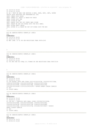 AISWEB - BOLETIM PERSONALIZADO - 28/12/2014 às 14:55:54 UTC - Total de Páginas: 64
página 41 de 64 :: IP 189.62.162.43
B) 16/10/14 00:00
C) 07/01/15 23:59
E) AD - TKOF DE SBRJ COM DESTINO A SBSP, SBGR, SBFI, SBFL, DEVEM
SEGUIR PELA SEGUINTE RTE PREFERENCIAL IFR:
SBSP: UMBAD UZ44 PAGOG
SBSP: UMBAD Z11 PAGOG ou NAXOP W6 VUKIK
SBGR: SIDUR UZ10 TBE
SBGR: SIDUR W2 TBE
SBFI: NAXOP UZ45 SAT DCT PONTE UW66 DIDOM
SBFI: NAXOP W6 SAT DCT NIBGA G449 CTB A431 KAMIL
SBFL: BITAK UN857 DEUCA
SBFL: BITAK Z4 ou NAXOP W6 SAT DCT NIBGA G449 CTB W48
)
RIO DE JANEIRO/SANTOS DUMONT,RJ (SBRJ)
AGA
D3689/2014
B) 19/10/14 08:00
C) 05/01/15 01:00
E) MET (CMA 1 A 9) HR SER MODIFICADO PARA 0800-0100
)
RIO DE JANEIRO/SANTOS DUMONT,RJ (SBRJ)
AGA
D3688/2014
B) 19/10/14 08:00
C) 05/01/15 01:00
E) CTL MOV GND RIO FREQ 121.700MHZ HR SER MODIFICADO PARA 0800-0100
)
RIO DE JANEIRO/SANTOS DUMONT,RJ (SBRJ)
ATM
D4430/2014
B) 12/12/14 16:20
C) 09/02/15 23:59
E) CTR GALEAO INSTL BTN COORD 225121S/0431637W, 225252S/0431336W,
224823S/0430508W, 224310S/0430635W, 224521S/0431512W,
224312S/0431930W, 224550S/0432136W, 224856S/0432313W,
225228S/0431942W E 225121S/0431637W - ESPACO AEREO CLASSE CHARLIE
F) SFC
G) 2500FT AMSL)
RIO DE JANEIRO/SANTOS DUMONT,RJ (SBRJ)
ATM
D4428/2014
B) 12/12/14 16:16
C) 09/02/15 23:59
E) CTR RIO - CORRIGIR INFO PARA: COORD 225228S/0431942W,
225346S/0431838W, 230124S/0430645W, 230055S/0430336W,
225434S/0425947W, 225032S/0430137W, 224823S/0430508W,
225252S/0431336W, 225121S/0431637W, 225228S/0431942W - ESPACO
AEREO CLASSE CHARLIE
F) SFC
G) 2500FT AMSL)
RIO DE JANEIRO/SANTOS DUMONT,RJ (SBRJ)
ATM
D4193/2014
B) 05/12/14 18:15
C) 04/01/15 23:00
 