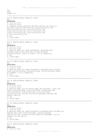 AISWEB - BOLETIM PERSONALIZADO - 28/12/2014 às 14:55:54 UTC - Total de Páginas: 64
página 44 de 64 :: IP 189.62.162.43
SID
STAR
ROTAER 3-R)
RIO DE JANEIRO/SANTOS DUMONT,RJ (SBRJ)
NAV
D4238/2014
B) 10/12/14 23:24
C) 26/01/15 23:59
E) SOBREVOO DE ASAS ROTATIVAS PROIBIDO PARA ALL OPS (EXC MIL)
BTN COORD 225039.62S/0431554.48W, 225010.94S/0431516.67W,
225038.23S/0431422.27W, 225114.03S/0431344.73W,
225205.84S/0431348.31W, 225312.10S/0431401.30W,
225254.19S/0431444.43W, 225142.96S/0431510.94W
E 225101.04S/0431529.57W
F) SFC
G) 2000FT AMSL)
RIO DE JANEIRO/SANTOS DUMONT,RJ (SBRJ)
NAV
D4198/2014
B) 01/01/15 02:00
C) 01/01/15 03:00
E) AREA RTO TEMPO ACT (SHOW PIROTECNICO) DELIMITADA PELO
POLIGONO COORD 225431S/0430705W, 225436S/0430659W,
225444S/0430653W, (PRAIA DE ICARAI - RIO DE JANEIRO,RJ)
F) SFC
G) 1000FT AMSL)
RIO DE JANEIRO/SANTOS DUMONT,RJ (SBRJ)
NAV
D4197/2014
B) 01/01/15 02:00
C) 01/01/15 03:00
E) AREA RTO TEMPO ACT (SHOW PIROTECNICO) DELIMITADA PELO POLIGONO
COORD 225534S/0430956W, 225544S/0431000W, 225555S/0431002W (PRAIA
DO FLAMENGO - RIO DE JANEIRO,RJ)
F) SFC
G) 1000FT AMSL)
RIO DE JANEIRO/SANTOS DUMONT,RJ (SBRJ)
NAV
D4185/2014
B) 05/12/14 13:24
C) 31/01/15 23:59
E) AREA RTO TEMPO (FLT DE VEICULO AEREO NAO TRIPULADO - VANT) BTN
COORD 224436S/0424824W, 224547S/0424947W, 224804S/0425036W,
225412S/0425520W, 223812S/0425128W, 223757S/0430226W,
224115S/0431121W, 224219S/0431413W ACT MEDIANTE COOR/AUTH TWR
GALEAO E TWR RIO
F) SFC
G) 2000FT AMSL))
RIO DE JANEIRO/SANTOS DUMONT,RJ (SBRJ)
NAV
D3986/2014
B) 01/01/15 02:00
C) 01/01/15 03:00
E) AREA RTO TEMPO ACT (SHOW PIROTECNICO) DELIMITADA PELO POLIGONO COM
VERTICES NAS COORD 225647S/0430942W, 225818S/0430828W,
230003S/0431112W, 225833S/0431225W (PRAIA DE COPACABANA - RIO DE
JANEIRO, RJ) EXC SBR 349
F) SFC
G) 1000FT AMSL)
RIO DE JANEIRO/SANTOS DUMONT,RJ (SBRJ)
OTR
D4491/2014
B) 05/01/15 08:01
 