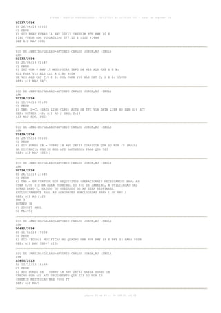 AISWEB - BOLETIM PERSONALIZADO - 28/12/2014 às 14:55:54 UTC - Total de Páginas: 64
página 53 de 64 :: IP 189.62.162.43
D2337/2014
B) 26/06/14 00:00
C) PERM
E) SID RNAV EVRAD 1A RWY 10/15 INSERIR BTN RWY 10 E
FIXO VURUK HDG VERDADEIRO 077.1T E DIST 8.4NM
REF AIP MAP SID)
RIO DE JANEIRO/GALEAO-ANTONIO CARLOS JOBIM,RJ (SBGL)
ATM
D2333/2014
B) 25/06/14 01:47
C) PERM
E) IAC VOR Y RWY 15 MODIFICAR INFO DE VIS ALS CAT A E B:
NIL PARA VIS ALS CAT A E B: 800M
DE VIS ALS CAT C,D E E: NIL PARA VIS ALS CAT C, D E E: 1500M
REF: AIP MAP IAC)
RIO DE JANEIRO/GALEAO-ANTONIO CARLOS JOBIM,RJ (SBGL)
ATM
D2118/2014
B) 10/06/14 00:00
C) PERM
E) TWR: D-CL (DATA LINK CLRD) AUTH DE TFC VIA DATA LINK HR SER H24 ACT
REF: ROTAER 3-R, AIP AD 2 SBGL 2.18
AIP MAP ADC, PDC)
RIO DE JANEIRO/GALEAO-ANTONIO CARLOS JOBIM,RJ (SBGL)
ATM
D1829/2014
B) 29/05/14 00:00
C) PERM
E) SID PUMSO 1B - SURKU 1B RWY 28/33 CORRIGIR QDR DO NDB IH (RASA)
NA DISTANCIA 4NM DO NDB AFS (AFONSOS) PARA QDR 323
REF: AIP MAP (SID))
RIO DE JANEIRO/GALEAO-ANTONIO CARLOS JOBIM,RJ (SBGL)
ATM
D0724/2014
B) 26/02/14 23:45
C) PERM
E) TMA - EM VIRTUDE DOS REQUISITOS OPERACIONAIS NECESSARIOS PARA AS
STAR E/OU SID NA AREA TERMINAL DO RIO DE JANEIRO, A UTILIZACAO DAS
ROTAS RNAV 5, SAINDO OU CHEGANDO DO AD SERA DESTINADA
EXCLUSIVAMENTE PARA AS AERONAVES HOMOLOGADAS RNAV 1 OU RNP 1
REF: AIP AD 2.22
ENR 3
ROTAER 3R
F) 2500FT AMSL
G) FL195)
RIO DE JANEIRO/GALEAO-ANTONIO CARLOS JOBIM,RJ (SBGL)
ATM
D0492/2014
B) 11/02/14 19:04
C) PERM
E) SID (TODAS) MODIFICAR NO QUADRO RMK RVR RWY 15 E RWY 33 PARA 550M
REF: AIP MAP INS-7 SID)
RIO DE JANEIRO/GALEAO-ANTONIO CARLOS JOBIM,RJ (SBGL)
ATM
D3805/2013
B) 12/12/13 18:59
C) PERM
E) SID PUMSO 1B - SURKU 1B RWY 28/33 SAIDA SURKU 1B
TRECHO NDB AFS ATE CRUZAMENTO QDR 323 DO NDB IH
INSERIR RESTRICAO MAX 7000 FT
REF: AIP MAP)
 