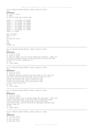 AISWEB - BOLETIM PERSONALIZADO - 28/12/2014 às 14:55:54 UTC - Total de Páginas: 64
página 54 de 64 :: IP 189.62.162.43
RIO DE JANEIRO/GALEAO-ANTONIO CARLOS JOBIM,RJ (SBGL)
ATM
Z1518/2013
B) 12/12/13 00:00
C) PERM
E) APP RIO FREQ MODIFICADAS PARA
SETOR 1 - 134.400MHZ 121.250MHZ
SETOR 2 - 119.000MHZ 120.550MHZ
SETOR 3 - 124.950MHZ 134.950MHZ
SETOR 4 - 129.800MHZ 125.950MHZ
SETOR 5 - 126.200MHZ 133.300MHZ
SETOR 6 - 128.900MHZ 119.350MHZ
SETOR 7 - 129.200MHZ 120.750MHZ
EMERG 121.500MHZ
REF: AIP ENR 2
ENR 6 L2 H2
AD 2
AIP MAP ARC RJ/SP
IAC
SID
STAR
ROTAER 3-R)
RIO DE JANEIRO/GALEAO-ANTONIO CARLOS JOBIM,RJ (SBGL)
NAV
D4447/2014
B) 15/12/14 21:06
C) 12/02/15 18:00
E) AREA RTO TEMPO (FLT DE VEICULO AEREO NAO TRIPULADO - VANT) ACT
BTN COORD 230028S/0433318W, 230012S/0433423W, 230135S/0433530W
E 230211S/0433433W (GUARATIBA, RJ)
F) SFC
G) 1500FT AMSL)
RIO DE JANEIRO/GALEAO-ANTONIO CARLOS JOBIM,RJ (SBGL)
NAV
D4236/2014
B) 10/12/14 23:20
C) 26/01/15 23:59
E) SOBREVOO DE ASAS ROTATIVAS PROIBIDO PARA ALL OPS (EXC MIL)
BTN COORD 225039.62S/0431554.48W, 225010.94S/0431516.67W,
225038.23S/0431422.27W, 225114.03S/0431344.73W,
225205.84S/0431348.31W, 225312.10S/0431401.30W,
225254.19S/0431444.43W, 225142.96S/0431510.94W
E 225101.04S/0431529.57W
F) SFC
G) 2000FT AMSL)
RIO DE JANEIRO/GALEAO-ANTONIO CARLOS JOBIM,RJ (SBGL)
NAV
D4183/2014
B) 05/12/14 13:16
C) 31/01/15 23:59
E) AREA RTO TEMPO (FLT DE VEICULO AEREO NAO TRIPULADO - VANT) BTN
COORD 224436S/0424824W, 224547S/0424947W, 224804S/0425036W,
225412S/0425520W, 223812S/0425128W, 223757S/0430226W,
224115S/0431121W, 224219S/0431413W ACT MEDIANTE COOR/AUTH TWR
GALEAO E TWR RIO
F) SFC
G) 2000FT AMSL))
RIO DE JANEIRO/GALEAO-ANTONIO CARLOS JOBIM,RJ (SBGL)
OTR
D4486/2014
B) 27/12/14 12:00
C) 31/12/14 20:00
D) DLY 1200-2000
E) REA ALFA CLSD)
 