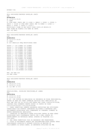 AISWEB - BOLETIM PERSONALIZADO - 28/12/2014 às 14:55:54 UTC - Total de Páginas: 64
página 57 de 64 :: IP 189.62.162.43
ROTAER 3-B)
BELO HORIZONTE/TANCREDO NEVES,MG (SBCF)
ATM
F2768/2014
B) 15/08/14 22:25
C) PERM
E) STAR RNAV (GNSS) RWY 16 LISBO 1- MEBLU 1- NINDI 1- PUGVA 1-
RORIP 1- SIGIR 1E STAR RNAV (GNSS) RWY 34 KOMBO 1- LISBO 1-
MEBLU 1- NINDI 1- RORIP 1- SIGIR 1
MODIFICADO O NOME DO REP RORIP COORD S1803.28 W04426.03
PARA POSMA NA PLANTA E NO NOME DA CARTA
REF: AIP MAP)
BELO HORIZONTE/TANCREDO NEVES,MG (SBCF)
ATM
Z1600/2013
B) 12/12/13 00:00
C) PERM
E) ACC BRASILIA FREQ MODIFICADAS PARA
SETOR 1 - 126.150MHZ 127.250MHZ
SETOR 2 - 134.000MHZ 123.350MHZ
SETOR 3 - 126.800MHZ 128.500MHZ
SETOR 4 - 128.050MHZ 135.150MHZ
SETOR 5 - 124.200MHZ 126.450MHZ
SETOR 6 - 133.750MHZ 128.300MHZ
SETOR 7 - 125.050MHZ 123.750MHZ
SETOR 8 - 123.950MHZ 126.050MHZ
SETOR 9 - 128.200MHZ 135.900MHZ
SETOR 10 - 124.700MHZ 133.050MHZ
SETOR 11 - 124.500MHZ 135.000MHZ
SETOR 12 - 133.100MHZ 133.900MHZ
SETOR 13 - 125.550MHZ 124.300MHZ
SETOR 14 - 127.000MHZ 123.000MHZ
SETOR 15 - 126.750MHZ 127.300MHZ
SETOR 16 - 124.800MHZ 135.550MHZ
REF. AIP MAP SID
AIP MAP STAR)
BELO HORIZONTE/TANCREDO NEVES,MG (SBCF)
CNS
F3895/2014
B) 08/12/14 17:21
C) 04/03/15 23:59
E) ILS RWY 16 U/S
BRASILIA/PRES. JUSCELINO KUBITSCHEK,DF (SBBR)
AGA
Z1872/2014
B) 01/01/15 14:00
C) 01/01/15 21:00
E) AD - EM VIRTUDE DA REALIZACAO DA CERIMONIA DE POSSE PRESIDENCIAL,
DENTRO DA AREA RTO TEMPO VERMELHA DEFINIDA PELO SEMICIRCULO DE
RAIO 4NM (RTO SFC AO FL145),COM CENTRO NAS COORD 154803S/0475202W,
LIMITADO PELO SEGMENTO DERETA UNINDO OS PONTOS DE COORD
155127S/0475411W E 155113S/0474932W:
1 - SERAO PERMITIDAS SOMENTE AERONAVES ENVOLVIDAS NAS ATIVIDADES
OPERACIONAIS DOS EVENTOS (AERONAVES MILITARES E AERONAVES SAR)
DEVIDAMENTE AUTORIZADAS PELO COMANDANTE DO COMDABRA (COMANDO DE
DEFESA AEROESPACIAL BRASILEIRO.
2 - OPERACOES DE AMBULANCIA AEREA EVOLUINDO DENTRO DA AREA SERAO
AUTORIZADAS APOS COORDENACAO PREVIA COM O CGNA (CENTRO DE
GERENCIAMENTO DA NAVEGACAO AEREA) ATRAVES DO TELEFONE (21)
2101-6409.
3 - NAO SERAO PERMITIDOS VOOS DE AERONAVES SEM TRANSPONDER.
4 - TODOS OS MOVIMENTOS AEREOS QUE DESCUMPRIREM ESSAS REGRAS SERAO
CONSIDERADOS SUSPEITOS E ESTARAO SUJEITOS AS MEDIDAS DE
POLICIAMENTO DO ESPACO AEREO. AS AERONAVES EVOLUINDO NA TMA
 