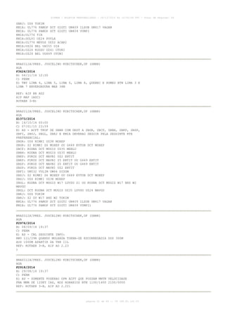 AISWEB - BOLETIM PERSONALIZADO - 28/12/2014 às 14:55:54 UTC - Total de Páginas: 64
página 61 de 64 :: IP 189.62.162.43
SBRJ: UZ6 TOKIM
KMIA: UL776 PAMOP DCT GIGTI UM409 ILSUB UM417 VAGAN
KMIA: UL776 PAMOP DCT GIGTI UM409 VUMPI
KMIA:UL776 TIR
KMIA:DOLVI UZ24 POVLA
KMIA:UL776 MEVOS UZ52 ACARI
KMIA:UZ26 BEL UA555 OIA
KMIA:UZ26 KODSU UZ41 OTONI
KMIA:UZ26 BEL UG449 OTONI
BRASILIA/PRES. JUSCELINO KUBITSCHEK,DF (SBBR)
AGA
F3624/2014
B) 04/11/14 12:50
C) PERM
E) TWY LIMA 4, LIMA 5, LIMA 6, LIMA 8, QUEBEC E ROMEO BTN LIMA 3 E
LIMA 7 ENVERGADURA MAX 36M
REF: AIP BR AD2
AIP MAP (ADC)
ROTAER 3-B)
BRASILIA/PRES. JUSCELINO KUBITSCHEK,DF (SBBR)
AGA
Z1373/2014
B) 16/10/14 00:00
C) 07/01/15 23:59
E) AD - ACFT TKOF DE SBBR COM DEST A SBGR, SBCF, SBBH, SBKP, SBSP,
SBFI, SBSJ, SBGL, SBRJ E KMIA DEVERAO SEGUIR PELA SEGUINTE RTE
PREFERENCIAL:
SBGR: UZ6 NIMKI UZ38 MOXEP
SBGR: Z2 NIMKI Z6 MOXEP OU G449 EVTOB DCT MOXEP
SBCF: KODNA DCT MUGIS UZ35 MEBLU
SBBH: KODNA DCT MUGIS UZ35 MEBLU
SBKP: PUKOD DCT MAVNI UZ2 ENTIT
SBKP: PUKOD DCT MAVNI Z5 ENTIT OU G449 ENTIT
SBSP: PUKOD DCT MAVNI Z5 ENTIT OU G449 ENTIT
SBSP: PUKOD DCT MAVNI UZ2 ENTIT
SBFI: UM532 VULIM UW66 DIDOM
SBSJ: Z2 NIMKI Z6 MOXEP OU G449 EVTOB DCT MOXEP
SBSJ: UZ6 NIMKI UZ38 MOXEP
SBGL: KODNA DCT MUGIS W17 LUVSU Z1 OU KODNA DCT MUGIS W17 BHZ W2
MAVGU
SBGL: DCT KODNA DCT MUGIS UZ35 LUVSU UZ24 MAVGU
SBRJ: UZ6 TOKIM
SBRJ: Z2 OU W17 BHZ W2 TOKIM
KMIA: UL776 PAMOP DCT GIGTI UM409 ILSUB UM417 VAGAN
KMIA: UL776 PAMOP DCT GIGTI UM409 VUMPI)
BRASILIA/PRES. JUSCELINO KUBITSCHEK,DF (SBBR)
AGA
F2976/2014
B) 08/09/14 19:37
C) PERM
E) AD - CNL SEGUINTE INFO:
RWY 11L/29R QUANDO MOLHADA TORNA-SE ESCORREGADIA DOS 300M
AOS 1000M APARTIR DA THR 11L
REF: ROTAER 3-B, AIP AD 2.23
)
BRASILIA/PRES. JUSCELINO KUBITSCHEK,DF (SBBR)
AGA
F2918/2014
B) 29/08/14 19:37
C) PERM
E) AD - SOMENTE PODERAO OPR ACFT QUE POSSAM MNTN VELOCIDADE
FNA MNM DE 120KT IAS, NOS HORARIOS BTN 1100/1400 2100/0000
REF: ROTAER 3-B, AIP AD 2.22)
 