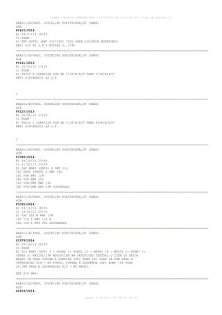 AISWEB - BOLETIM PERSONALIZADO - 28/12/2014 às 14:55:54 UTC - Total de Páginas: 64
página 62 de 64 :: IP 189.62.162.43
BRASILIA/PRES. JUSCELINO KUBITSCHEK,DF (SBBR)
AGA
F2410/2014
B) 24/07/14 18:54
C) PERM
E) TWY HOTEL (RWY 11C/29C) CLSD PARA LDG/TKOF EVENTUAIS
REF: AIP AD 2.8 E ROTAER 2, 3-B)
BRASILIA/PRES. JUSCELINO KUBITSCHEK,DF (SBBR)
AGA
F0121/2013
B) 22/01/13 17:26
C) PERM
E) PATIO 4 CORRIGIR PCN DE 57/F/B/X/T PARA 37/R/B/X/T
REF: AIP-BRASIL AD 2.8
)
BRASILIA/PRES. JUSCELINO KUBITSCHEK,DF (SBBR)
AGA
F0120/2013
B) 22/01/13 17:23
C) PERM
E) PATIO 1 CORRIGIR PCN DE 47/F/B/X/T PARA 44/R/B/X/T
REF: AIP-BRASIL AD 2.8
)
BRASILIA/PRES. JUSCELINO KUBITSCHEK,DF (SBBR)
ATM
F3788/2014
B) 24/11/14 17:40
C) 21/02/15 23:59
E) IAC RNAV (GNSS) Z RWY 11L
IAC RNAV (GNSS) Z RWY 29L
IAC VOR RWY 11R
IAC VOR RWY 11L
IAC VOR/DME RWY 29L
IAC VOR/DME RWY 29R SUSPENSAS
BRASILIA/PRES. JUSCELINO KUBITSCHEK,DF (SBBR)
ATM
F3765/2014
B) 19/11/14 18:56
C) 18/02/15 23:59
E) IAC ILS W RWY 11R
IAC ILS Y RWY 11R E
IAC ILS Z RWY 29L SUSPENSAS)
BRASILIA/PRES. JUSCELINO KUBITSCHEK,DF (SBBR)
ATM
Z1379/2014
B) 16/10/14 00:00
C) PERM
E) SID RNAV ISOPI 1 - KODNA 1- KUKOL 1C - MAVNI 1B - MUGIS 1- NIMKI 1-
OPRAX 1C RWY29L/29R MODIFICAR NA DESCRICAO TEXTUAL O ITEM IV SAIDA
MAVNI 1B PARA CURVAR A DIREITA (TF) RUMO 191 VOAR 64.7NM PARA A
INTERSECAO FLY - BY PUKOD. CURVAR A ESQUERDA (DF) RUMO 158 VOAR
28.7NM PARA A INTERSECAO FLY - BY MAVNI.
REF AIP MAP)
BRASILIA/PRES. JUSCELINO KUBITSCHEK,DF (SBBR)
ATM
Z1153/2014
 