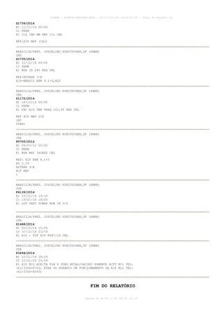 AISWEB - BOLETIM PERSONALIZADO - 28/12/2014 às 14:55:54 UTC - Total de Páginas: 64
página 64 de 64 :: IP 189.62.162.43
Z1736/2014
B) 11/12/14 00:00
C) PERM
E) ILS IBR MM RWY 11L CNL
REF:AIP MAP (IAC)
BRASILIA/PRES. JUSCELINO KUBITSCHEK,DF (SBBR)
CNS
Z1735/2014
B) 11/12/14 00:00
C) PERM
E) NDB IR 280 KHZ CNL
REF:ROTAER 3-B
AIP-BRASIL ENR 4.1-5,AD2
BRASILIA/PRES. JUSCELINO KUBITSCHEK,DF (SBBR)
CNS
Z1172/2014
B) 16/10/14 00:00
C) PERM
E) FAC A/G TWR FREQ 121,95 MHZ CNL
REF AIP MAP SID
IAC
STAR)
BRASILIA/PRES. JUSCELINO KUBITSCHEK,DF (SBBR)
CNS
F0705/2012
B) 26/03/12 00:00
C) PERM
E) NDB BRS 340KHZ CNL
REF: AIP ENR 4.1-3
AD 2.19
ROTAER 3-B
AIP MAP
)
BRASILIA/PRES. JUSCELINO KUBITSCHEK,DF (SBBR)
OTR
F4139/2014
B) 15/12/14 19:14
C) 15/01/15 18:00
E) LGT OBST SOBRE NDB IR U/S
BRASILIA/PRES. JUSCELINO KUBITSCHEK,DF (SBBR)
OTR
Z1688/2014
B) 02/12/14 15:50
C) 31/12/14 23:59
E) AIS - SUP AIP N087/14 CNL
BRASILIA/PRES. JUSCELINO KUBITSCHEK,DF (SBBR)
OTR
F3694/2014
B) 12/11/14 18:29
C) 12/01/15 23:59
E) AIS MIL ACEITA PLN E SUAS ATUALIZACOES SOMENTE ACFT MIL TEL:
(61)3364-8722, FORA DO HORARIO DE FUNCIONAMENTO DA AIS MIL TEL:
(61)3364-8550)
FIM DO RELATÓRIO
 