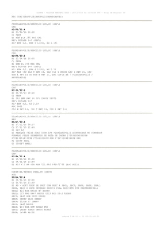 AISWEB - BOLETIM PERSONALIZADO - 28/12/2014 às 14:55:54 UTC - Total de Páginas: 64
página 8 de 64 :: IP 189.62.162.43
ARC CURITIBA/FLORIANOPOLIS/NAVEGANTES)
FLORIANOPOLIS/HERCILIO LUZ,SC (SBFL)
CNS
E2079/2014
B) 23/06/14 00:00
C) PERM
E) NDB FLN 295 KHZ CNL
REF: ROTAER 3-F (SBFL)
AIP ENR 4.1, ENR 6 L1/H1, AD 2.19)
FLORIANOPOLIS/HERCILIO LUZ,SC (SBFL)
CNS
E2078/2014
B) 23/06/14 00:00
C) PERM
E) NDB IL 350 KHZ CNL
REF: ROTAER 3-F (SBFL)
AIP ENR 4.1, ENR 6 L1/H1, AD 2.19
AIP MAP IAC ILS T RWY 14, IAC ILS Z OU/OR LOC Z RWY 14, IAC
NDB A RWY 03 OU NDB B RWY 21, ARC CURITIBA / FLORIANOPOLIS /
NAVEGANTES)
FLORIANOPOLIS/HERCILIO LUZ,SC (SBFL)
CNS
E3102/2013
B) 06/09/13 18:20
C) PERM
E) ILS DME RWY 14 IFL CH40X INSTL
REF: ROTAER 3-F
AIP ENR 4.1, AD 2.19
ADC SBFL
ILS W RWY 14, ILS T RWY 14, ILS Z RWY 14)
FLORIANOPOLIS/HERCILIO LUZ,SC (SBFL)
NAV
E4217/2014
B) 27/12/14 08:17
C) 27/02/15 21:49
D) DLY HJ
E) REBOQUE FAIXA SUBJ COOR APP FLORIANOPOLIS ACONTECERA NO CORREDOR
FORMADO PELOS SEGMENTOS DE RETA DE COORD 270936S0483605W
270943S0483303W 273441S0483140W 273451S0483448W DNG
F) 500FT AMSL
G) 1000FT AMSL)
FLORIANOPOLIS/HERCILIO LUZ,SC (SBFL)
OTR
E3534/2014
B) 19/10/14 00:00
C) 05/01/15 23:59
E) AIS MIL HR SER MON TIL FRI 0900/1700 (EXC HOL))
CURITIBA/AFONSO PENA,PR (SBCT)
AGA
Z1814/2014
B) 08/01/15 00:00
C) 04/03/15 23:59
E) AD - ACFT TKOF DE SBCT COM DEST A SBGL, SBCF, SBKP, SBSP, SBRJ,
SBGR, SBSJ E SBCX DEVERAO SEGUIR PELA SEGUINTE RTE PREFERENCIAL:
SBGL: W26 RDE EKIDI W7 ESORU
SBGL: DCT PNG UW47 NEGUS UZ23 BCO UZ42 ESORU
SBCF: UW47 RDE UZ23 OPKES
SBKP: URUTU UZ25 OBMAV
SBKP: ILSUM Z7 OBMAV
SBSP: UW47 NEGUS
SBRJ: W26 RDE DCT DORLU W53
SBRJ: UM548 RONUT UM400 ROPAS
SBGR: UM548 ANISE
 