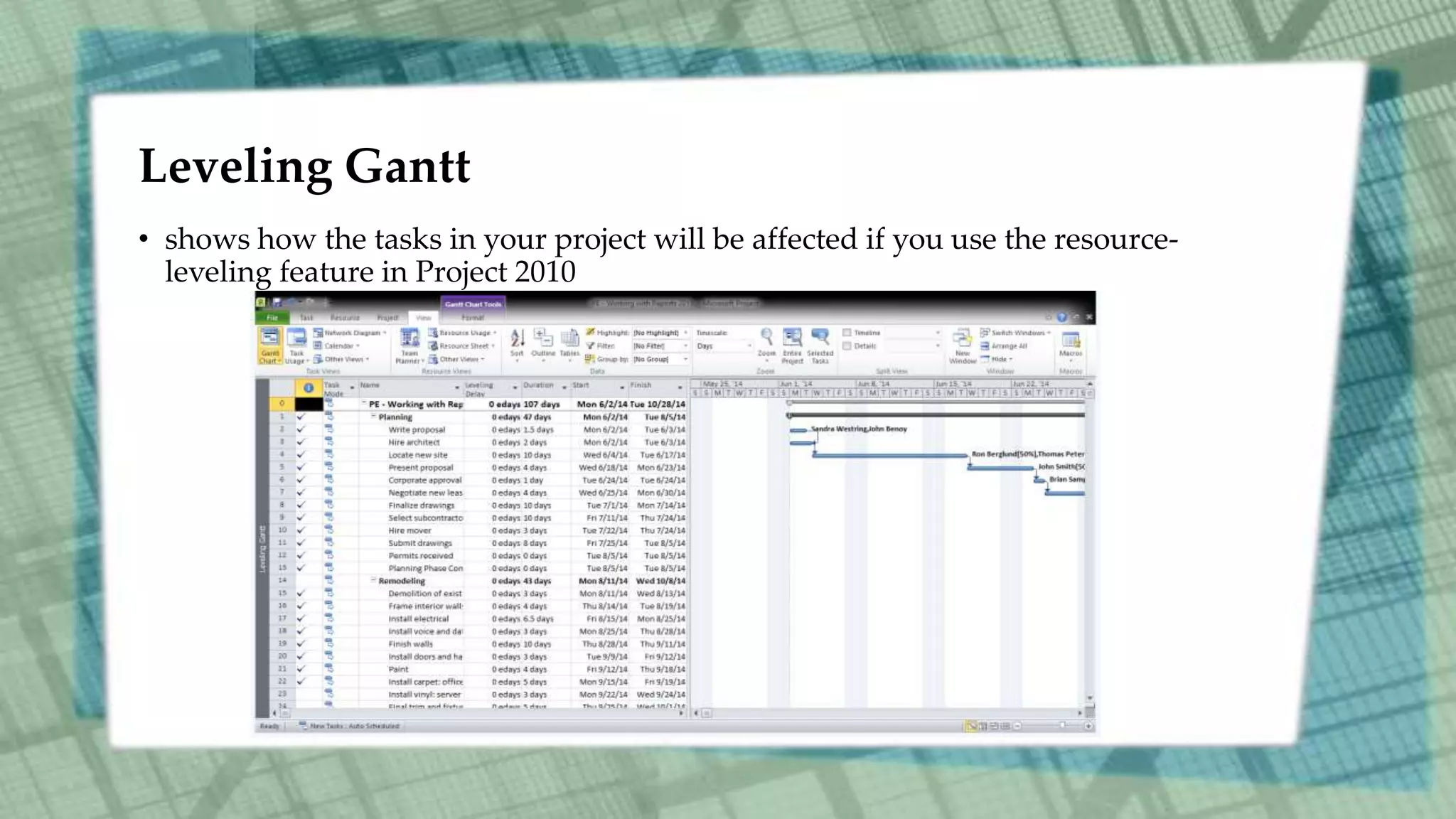 Leveling Gantt
• shows how the tasks in your project will be affected if you use the resource-
leveling feature in Project 2010
 