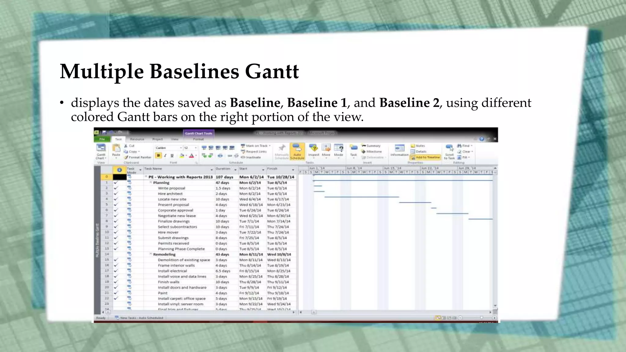 Multiple Baselines Gantt
• displays the dates saved as Baseline, Baseline 1, and Baseline 2, using different
colored Gantt bars on the right portion of the view.
 