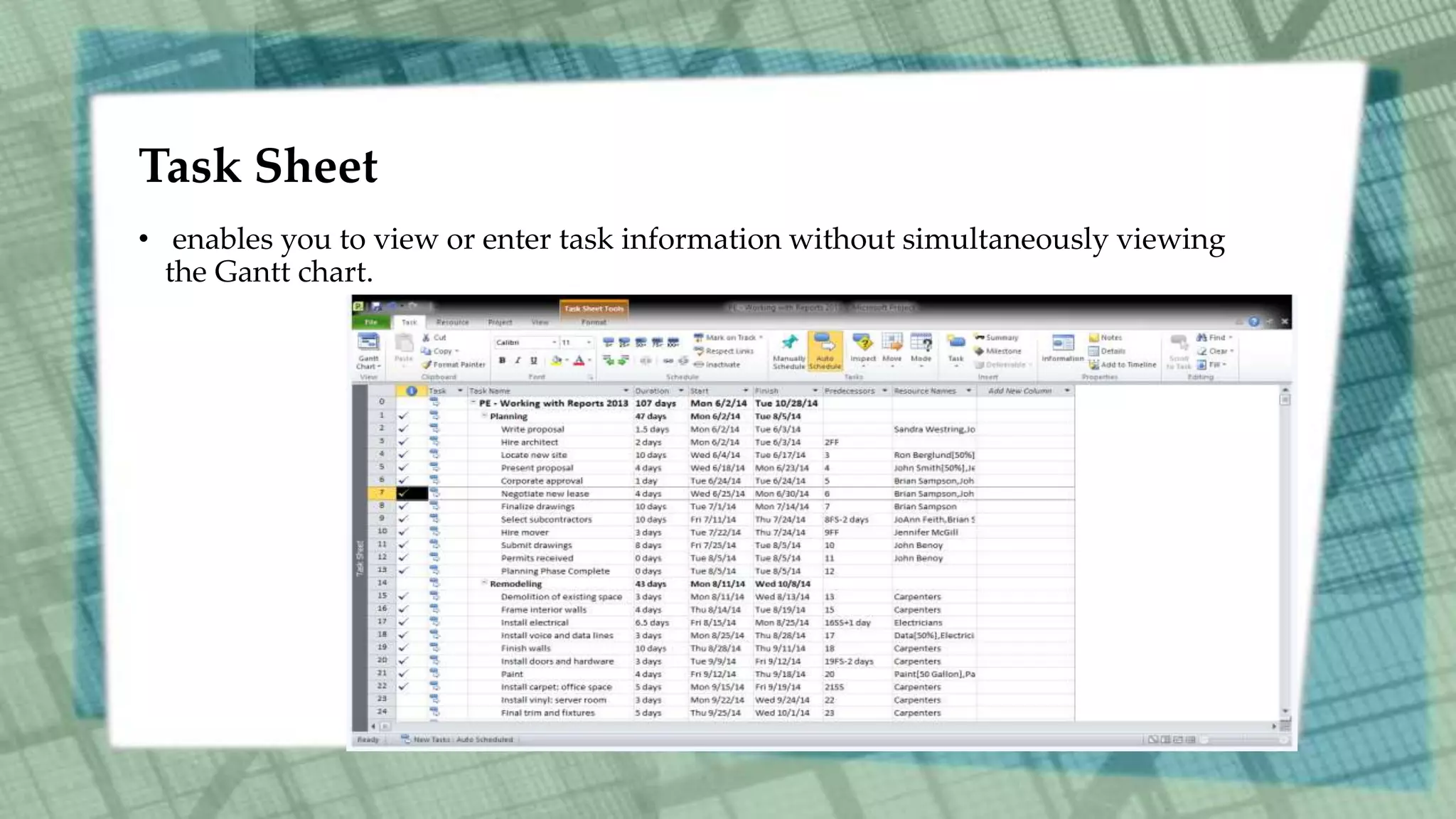 Task Sheet
• enables you to view or enter task information without simultaneously viewing
the Gantt chart.
 