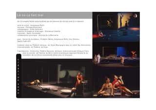 Là où ca fait mal
de Christophe Pellet (pièce publiée par les éditions de l'Arche suite à la création)
mise en scène : Anastassia Politi
musique : Philippe Blanchard
scénographie : Gilles Delordre
création d'images et éclairages : Emmanuel Valette
costumes : Raoul Fernandez
collaboration artistique : Antoine de la Morinerie
avec : Xavier de Guillebon, †Frédéric Mulot, Anastassia Politi, Airy Routier,
Agnès Sighicelli.
Création 2000 au Théâtre national de Dijon-Bourgogne dans le cadre des Rencontres
Internationales de Théâtre de Dijon
Coproduction : Cie Erinna, Théâtre National de Dijon, Scène nationale d'Aleçon-Flers
avec le soutien de l'Atelier du Rhin-Centre dramatique régional d'Alsace et du
ministère de la culture (commande d'état pour la musique).
 