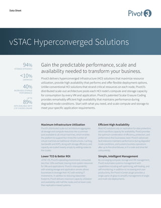 vSTAC Hyperconverged Solutions
Data Sheet
Gain the predictable performance, scale and
availability needed to transform your business.
Pivot3 delivers hyperconverged infrastructure (HCI) solutions that maximize resource
utilization, provide high availability that performs and offer flexible deployment options.
Unlike conventional HCI solutions that strand critical resources on each node, Pivot3’s
distributed scale-out architecture pools each HCI node’s compute and storage capacity
for consumption by every VM and application. Pivot3’s patented Scalar Erasure Coding
provides remarkably efficient high availability that maintains performance during
degraded mode conditions. Start with what you need, and scale compute and storage to
meet your specific application requirements.
Maximum Infrastructure Utilization
Pivot3’s distributed scale-out architecture aggregates
all storage and compute resources into a common
pool available to all virtual machines, which enables
the platform to support four times the number of
virtual machines as traditional infrastructures. Caching,
bandwidth and IOPS, along with storage efficiency and
capacity are scaled linearly simply by adding nodes to
the cluster.
Lower TCO & Better ROI
vSTAC OS, Pivot3’s operating environment, consumes
less than 10% overhead, leaving more system resources
for VMs and applications. Pivot3's interoperability
with existing storage and application servers allows
businesses to leverage their HCI with existing IT
investments. In addition to reducing datacenter
footprint, Pivot3 delivers maximum capacity utilization
and availability with half the nodes and at lower costs
than replication-based systems.
Efficient High Availability
Most HCI solutions rely on replication for data protection,
which sacrifices capacity for availability. Pivot3 provides
the optimum combination of efficiency, protection, and
performance that businesses need. Pivot3’s advanced
fault tolerance maintains performance during degraded
mode conditions, and sustains business operations
after up to five drive failures, or if a node and drive fail
concurrently.
Simple, Intelligent Management
By converging compute, storage and VM management,
Pivot3 automates systems management with
capabilities including self-optimizing, self-healing, and
self-monitoring. In addition to increasing end-user
productivity, the Pivot3 vCenter plugin provides a
single-pane-of-glass to simplify management of single
and multi-site deployments.
94%
STORAGE EFFICIENCY
<10%
OVERHEAD
40%
INCREASED STORAGE
PERFORMANCE
UP TO
89%
IOPS AVAILABLE WITH
2 OF 3 NODES ONLINE
 