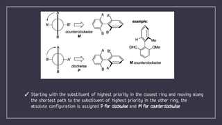 ✓ Starting with the substituent of highest priority in the closest ring and moving along
the shortest path to the substituent of highest priority in the other ring, the
absolute configuration is assigned P for clockwise and M for counterclockwise
 