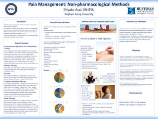 RESEARCH POSTER PRESENTATION DESIGN © 2015
www.PosterPresentations.com
Effective pain management/ relief is crucial for successful
post-operative recovery.
On a surgical oncology floor, there is a need for management
of both acute post-surgical pain and chronic cancer pain. 40-
90% of cancer patients will complain of pain due to disease,
treatment or recovery (Cambron, 2015).
There are health risks, side effects and costs to consider when
using pharmacologic interventions.
Introduction
Research Overview
Conducted an informal surveyed on 38 randomly selected
patients
Questions asked
1. Which of these methods did you know helped with pain
relief?
2. Which are you interested to learn more about?
3. Which are you interested in trying?
LIST OF NON PHARMACOLOGICAL TREATMENTS
FOR PAIN MANAGEMENT
Transcutaneous Electrical Nerve Stimulation
Massage Therapy, Reflexology
Hot-Cold Therapy
Relaxation, Meditation, Hypnotherapy
Herbalogy
Music Therapy
Aromatherapy
Distractions
Exercise, Yoga, Positioning
Acupuncture
Cognitive Behavioral Therapy
Biofeedback
Results
Informal Survey and Results
Services (available to all HCI patients)
ACUPUNCTURE
MASSAGE THERAPY
MUSIC THERAPY
EXERCISE
• Yoga for Wellness
• T’ai Chi / Qigong
• Zumba
• Pilates
• Personal Optimism with Exercise Recovery (POWER)
• Step Into Life: A Modern and Creative Dance Class
• Morning Fitness Classes
• Weight Reduction Programs
MEDITATION
• Mind-Body Skills Group
Hypnosis and Mindfulness-
• Oriented Recovery
Enhancement(MORE)
DISTRACTION
• Knit Night
• YourStory
• Artist in Residence
• Writer in Residence
• Creative Writing
• Cooking Class
• Look Good…Feel Better
- Patients are more likely to- attend services under doctor’s
recommendation.
- More likely to attend if invited or linked to a personal
interest of hobby.
- Early involvement in these therapies have strong
indications of cancer treatment adherence, overall strength
and happiness.
Wellness Center and Integrative Health Center Conclusion and Implications
-Educate ourselves on the resources at the Wellness Center to
better promote services and bring awareness to our patients.
-Include assessment of patient hobbies and interest during
bedside to better refer patients to services
-Using the influence you have as a nurse and suggest services
at the Wellness service to physician. Be a patient’s advocate .
-Consider teaching patients about other methods besides
medicine to improve pain relief.
References
Bjersa, K., & Andersson, T. (2013). High frequency TENS as a
complement for pain relief in postoperative transition from epidural to
general analgesia after pancreatic resection. Complementary Therapies in
Clinical Practice, 20(1):5-10. doi: 10.1016/j.ctcp.2013. 11.004.
Cambron, J. (2015). Massage therapy for Cancer Symptoms. Associated
Bodywork & Massage Professionals. https://www.abmp.com/textonlymags
/article.php?article=1320
Huang, ST., Good, M., & Zauszniewski, JA. (2010). The effectiveness of
music in relieving pain in cancer patients: a randomized controlled trial.
International Journal of Nursing Studies, 47(11), 1354-62. doi:
10.1016/j.ijnurstu.2010.03.008
Meeus, M., Roussel, NA., Truijen, S. & Nijs, J. (2010). Reduced pressure
pain thresholds in response to exercise in chronic fatigue syndrome but not
in chronic low back pain: an experimental study. Journal of Rehbilitation
Medicine, 42(9):884-90. doi: 10.2340/16501977-0595
Wellness and Integrative Health Center.
http://healthcare.utah.edu/huntsmancancerinstitute/patient-care/clinics-
and-care-teams/wellness-survivorship-center/
Acknolwegements
Shelley White, MSW, LCSW, Manager
Wellness and Integrative Health Center
Transcutaneous Electrical Nerve Stimulation
(TENS)
Low-voltage electrical nodes attached to areas of pain.
This stimulates A-beta fibers which activates gate control
on the same segmental level as pain. Randomized
controlled study evaluating pain and quality of recovery
using TENS after pancreatic resection conducted by
Bjersa and Andersson (2013). There is a lack of high
quality studies on TENS effectiveness. No strong
statistical benefits were detected due to small sample size.
Massage Therapy
Pain relief was most effective when body massage was
accompanied by foot reflexology and aromatherapy
(Cambron, 2015).
Exercise
Mean pain thresholds decreased among 21 subjects with
chronic low back pain after undergoing submaximal aerobic
exercise (Meeus, Roussel, Truijen, & Nijs, 2010).
Cognitive Behavioral Therapy
In a hypnosis-based CBT, a therapist will provide specific
suggestions that will foster relaxation and control over
pain (Global Year Against Cancer Pain, 2009). Studies
show pain was reduced 86% under hypnosis based CBT.
This intervention was particularly effective among
children undergoing bone marrow biopsy, pain among
women with metastatic breast cancer and adults
undergoing bone marrow transplant therapy
Music Therapy
Music has also been show to improve anxiety, depression
and increases a sense of power (Huang, Good &
Zauszniewski, 2010). Studies show that music therapy
decreased pain level of postoperative patient’s by .5 ( scale
1-10) compared to no music. Results showed in a study in
Taiwan that comfort was increased by 150% and 50% of
the participants reported the music improved their ability
to sleep supporting its sedative effect.
Brigham Young University
Miyako Asai, SN-BYU
Pain Management: Non-pharmacological Methods
2%
16%
9%
7%
10%
8%
10%
5%
9%
15%
4%
5%
AWARE
TENS Massage/ Reflex Hot-Cold Med/ Hypno Herb Music
Aroma Distractions Exercise Acupuncture CBT Biofeedback
14%
14%
9%
9%
14%
0%
9%
0%0%
14%
17%
0%
LEARN
TENS Massage/ Reflex Hot-Cold Med/ Hypno Herb Music
Aroma Distractions Exercise Acupuncture CBT Biofeedback
11%
27%
5%
11%
5%
0%
5%
0%
5%
26%
5% 0%
TRY
TENS Massage/ Reflex Hot-Cold Med/ Hypno Herb Music
Aroma Distractions Exercise Acupuncture CBT Biofeedback
 