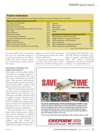 MODERN special report



  Future evaluation
 Which systems and equipment are you likely to evaluate or consider during the next 12 months?
 Materials handling equipment for 2013
 Lift trucks and accessories                                    49%       Controls                                                          15%
 Racks and shelving                                             47%       3PL services                                                      10%
 Totes, bins and containers                                     32%       Mezzanines                                                        10%
 Packaging, including palletizers, pallets and dunnage          31%       Automated storage                                                  9%
 Bar coding                                                     31%       AGVs                                                               5%
 Dock equipment                                                 30%
 Mobile and wireless                                            27%       Information management systems for 2013
 Order picking and fulfillment                                  22%       ERP (enterprise resource planning)                                34%
 Conveyors, including sortation equipment                       22%       WMS (warehouse management systems)                                32%
 Systems solutions                                              20%       WCS (warehouse control systems)                                   28%
 RFID solutions/products                                        20%       Voice recognition                                                 15%
 Hoists, cranes and monorails                                   16%       TMS (transportation management systems)                           11%
 Power transmission, including motors and belts                 16%       Other supply chain-related software                                4%
                                                                                                          Source: Peerless Research Group (PRG)



63% said would be more so in the next          suggests we need to make investments              they’re going to fall behind the curve,
two years. As technology spreads to            in technology and systems that enable             says Hill, and they are looking to sup-
every facet of operations, says Moran,         real-time information.”                           pliers to provide everything—WMS,
workers will need to become conver-               Companies are beginning to recog-              WCS, ERP, customer relationship
sant in increasingly complex informa-          nize that unless they’re able to share            management, and sales and operations
tion systems.                                  information with their trading partners,          planning—on a single platform. Ⅺ

Information technology and
supply chain software
New entrants into the workforce will be
surrounded by technology designed to
make them more productive than ever.
The change is already underway with lift


                                                       SAVE                                                   TIME
trucks, where operators need both the
mechanical skills to operate the machine
and the abstract skills to interface with
tablets and voice-based data systems.
                                                                                                            WITH CREFORM AGVs.
    Fully half of respondents report that
they plan to invest in information tech-
nology hardware and software in the
coming year, and Hill says that the trend
is toward a convergence of software such
as WMS, warehouse control systems
(WCS), and ERP—the enterprise appli-
cations in which 25% of respondents are                Get lean by eliminating labor-intensive manned tuggers, forklifts or carts.
planning to invest. In 2011, just 12%                  Creform can help you automate your in-plant warehouse and production floor
had plans for enterprise applications.                 material handling. Our bolt-on AGV drives automate pipe & joint built carts and
                                                       heavy-duty welded frame carts or just a few BST undercarriage AGV tuggers
    “For more than 20 years, we’ve been                can mobilize an entire fleet of carts. From simple back-and-forth operations to
talking about trading partner collabo-                 plant-wide systems, Creform can do it all.
ration and the importance of sharing                   On time. Just in time. All the time. Saving time. Take a minute to give us a call.
information across trading partners to
reduce order cycle times and improve
visibility,” says Hill. “People are
embracing collaboration not just philo-
sophically, but actually. If that’s true, it

mmh.com                                                                      MODERN MATERIALS HANDLING / M                  A R C H   2013    31
 