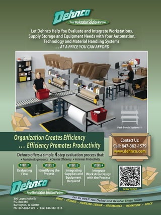 Let Dehnco Help You Evaluate and Integrate Workstations,
            Supply Storage and Equipment Needs with Your Automation,
                    Technology and Material Handling Systems
                          . . . AT A PRICE YOU CAN AFFORD




                                                                              Pack Bench Systems®©



Organization Creates Efficiency                                                  Contact Us:
  . . . Efficiency Promotes Productivity                                    Call: 847 382
                                                                            www.dehnco.com
  Dehnco offers a simple 4 step evaluation process that:
       Promotes Ergonomics    Creates Efficiency Increases Productivity
                         STEP : 2             STEP : 3           STEP : 4
  Evaluating         Identifying the         Integrating     Integrate
                        Process             Supplies and Work Area Design
                                             Equipment   with the Process
                                              Required

                                                                                 SCAN TO SEE
                                                                               NEW COMPONENTS


                                    SPACE        Let Us
300 Lageschulte St                                      HELP Yo
                                            STORAGE              u Define and Resolve These Issues
P.O. Box 866                                          HANDLING
                                                               / DESIGN ERGONOMI S WORKFLOW SPACE
                                                                                 C
 