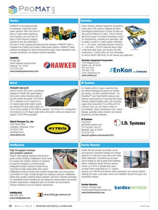 Hawker                                                                                Herkules
HAWKER® is the leading provider                                                       EnKon Systems, Herkules Equipment Corporation’s
for advanced, customized motive                                                       brand name of lift systems, displayed the latest
power solutions. With more than 85                                                    technological advancement in scissor lift table sys-
years of motive power experience                                                      tems at the ProMat 2013 Show. EnKon’s Electric
and innovation, and more than 25                                                      Belt Drive Scissor Lift provides tremendous control
years of high-frequency charging                                                      for manufacturing, assembly and automation, with
experience and clear leadership in                                                    its ability to remain in a static position indefinitely
the area of smart charging and optimizing fleet utilization, HAWKER® offers a         to +/- .01 inches, and provide precision control to
complete line of battery and charger motive power solutions. HAWKER® power            +/- .06 inches. The lift’s triple belt design offers
solutions are designed to reduce environmental impact, lower operational costs,       a high level safety factor, and requires very little
increase productivity, and improve customer operations.                               maintenance. Contact EnKon for more information
                                                                                      on how an Electric Belt Drive Lift can improve your application.
HAWKER
PO Box 808                                                                            Herkules Equipment Corporation
9404 Ooltewah Industrial Drive                                                        2760 Ridgeway Court
Ooltewah, TN 37363                                                                    Walled Lake, MI 48390
423-238-5700                                                                          800-444-4351
www.hawkerpowersource.com                                                             248-960-7100
                                                                                      Email: info@enkon.pro
                                                                                      www.enkon.pro


Hytrol                                                                                ID Systems
PROSORT 400 ELITE                                                                     I.D. Systems offers a range of patented wire-
Hytrol’s ProSort 400 sorter is specifically                                           less Vehicle Management systems for forklifts,
designed to handle high-speed applica-                                                tow tractors, and other industrial vehicles. Our
tions where product diverting needs to                                                PowerBox™ and PowerFleet® solutions have
be both positive and gentle. The ProSort                                              become a best-practice for improving fleet safety,
421 is designed to sort products at a                                                 reducing material handling costs, and increasing
22-degree angle where higher speeds                                                   supply chain productivity. For as little as $1.50
are required and close divert centers are                                             a day per truck, you can create a culture of
not so critical; speeds of 700 FPM are possible. The ProSort 431 is designed to       accountability, reduce maintenance costs, reduce
sort products at a 30-degree angle where close divert centers are required and        damage, automate safety checklists and improve
speeds of 350 FPM are possible.                                                       productivity and fleet utilization.
                                                                                      ID Systems
Hytrol Conveyor Co., Inc.                                                             Greg Smith
2020 Hytrol Street                                                                    gsmith@id-systems.com
Jonesboro, Arkansass 72401                                                            123 Tice Blvd., Ste 101
870-935-3700                                                                          Woodcliff Lake, NJ 07677
info@hytrol.com                                                                       201-678-7755
www.hytrol.com                                                                        www.id-systems.com/promat-2013



Intelligrated                                                                         Kardex Remstar
High throughput conveyor                                                              Kardex Remstar provides accessible, secure
and sortation solutions                                                               and ergonomic automated storage and retrieval
Ideal for high-capacity operations that demand                                        solutions for small parts, tools, items and media.
gentle product handling, Intelligrated’s broad range                                  Within distribution, manufacturing and ware-
of conveyor and sortation solutions are designed                                      house facilities as well as government buildings,
to maximize throughput at minimal speeds.                                             offices, institutions Kardex Remstar systems
Intelligrated sortation solutions include tilt-tray,                                  recover up to 85% of valuable floor space,
cross-belt and high-speed sliding shoe sorters.                                       increase worker productivity by 2/3, improve
Intelligrated conveyors provide quiet, positive transportation and zero-pressure      accuracy up to 99.9% and improve worker ergonomics over manual cabinets,
accumulation for rapid, virtually damage-free handling of products. Intelligrated     shelving and racks. Local sales, service and installation provide free space and
sliding shoe sortation solutions feature patented “soft touch” diverting technology   productivity analysis.
for unparalleled product handling and are designed to exceed today’s demanding
sortation requirements. Intelligrated tailors all sortation and accumulation
conveyor solutions to suit your specific requirements.                                Kardex Remstar
                                                                                      Contact: Christina Dube
                                                                                      christina.dube@kardexremstar.com
Intelligrated                                                                         www.kardexremstar.com
866-936-7300
www.intelligrated.com


60    MA   R C H   2 0 1 3 / MODERN MATERIALS HANDLING                                                                                                        mmh.com
 