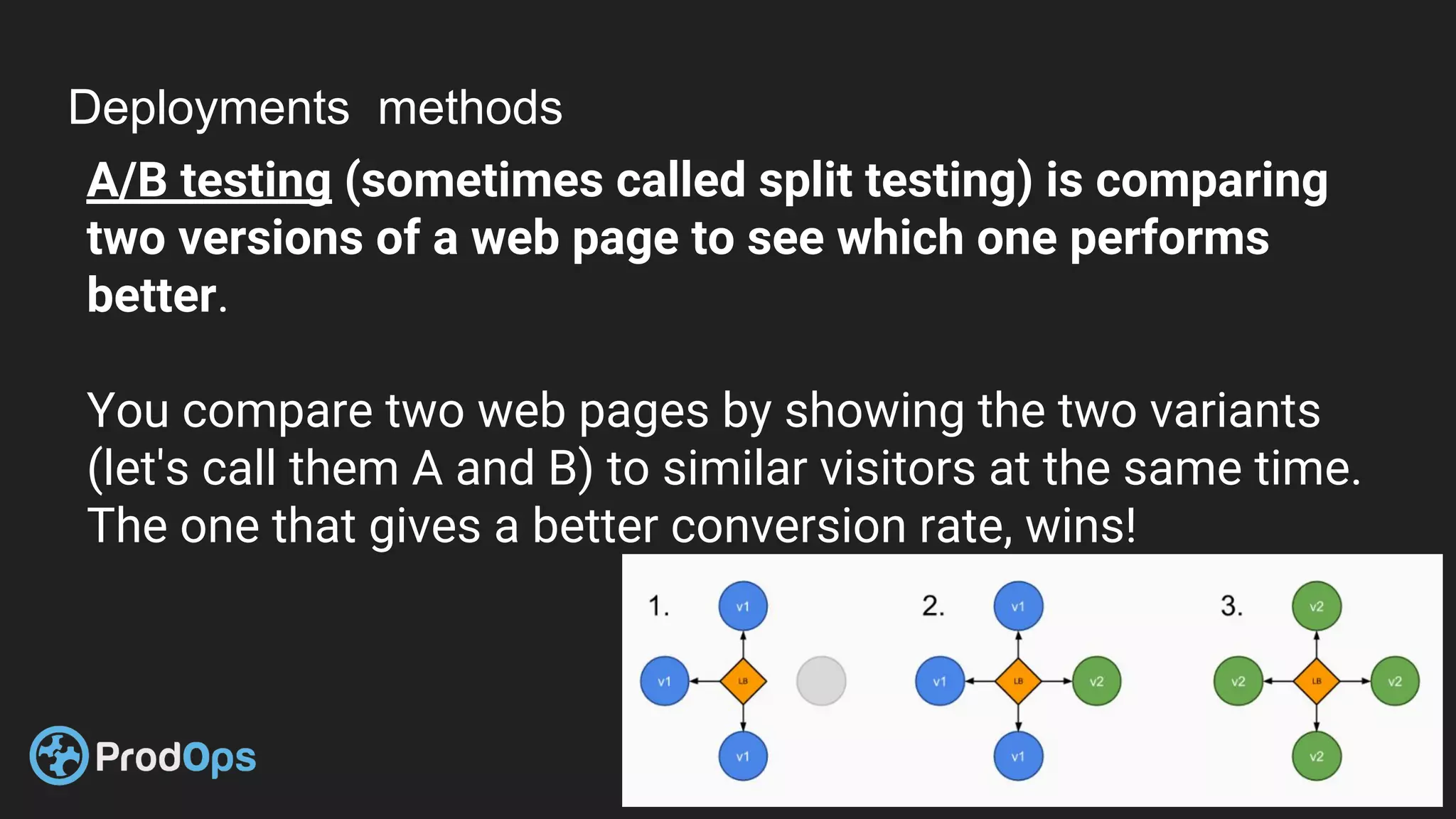 Deployments methods
A/B testing (sometimes called split testing) is comparing
two versions of a web page to see which one performs
better.
You compare two web pages by showing the two variants
(let's call them A and B) to similar visitors at the same time.
The one that gives a better conversion rate, wins!
 