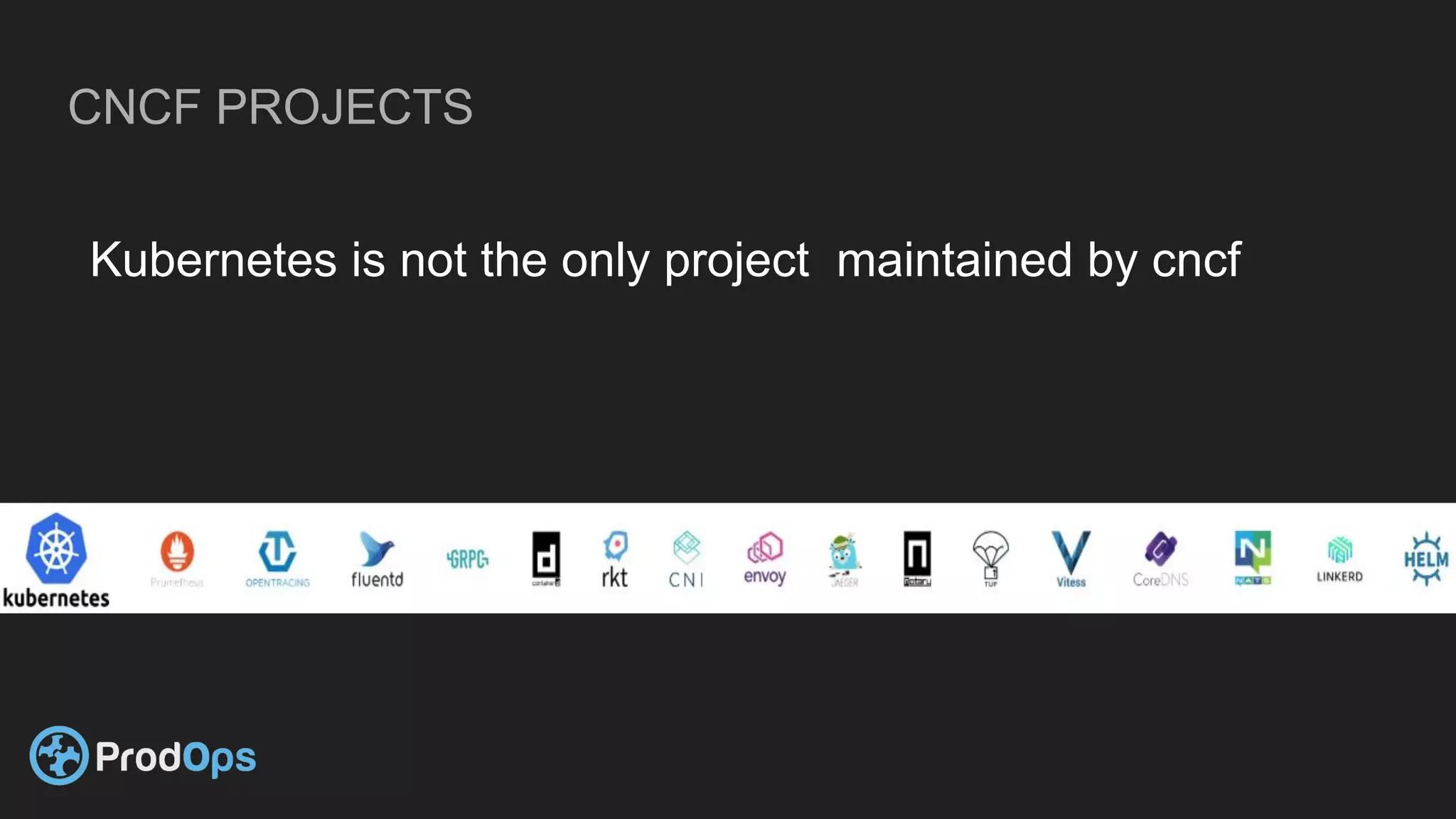 CNCF PROJECTS
Kubernetes is not the only project maintained by cncf
 