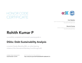Irina Yakadina 
Senior Economist, Institute for Capacity Development 
International Monetary Fund 
Sharmini Coorey 
Director, Institute for Capacity Development 
International Monetary Fund 
HONOR CODE 
CERTIFICATE 
Rohith Kumar P 
successfully completed and received a passing grade in 
DSAx: Debt Sustainability Analysis 
a course of study offered by IMFx, an online learning 
initiative of the International Monetary Fund through edX. 
HONOR CODE CERTIFICATE Verify the authenticity of this certificate at 
Issued December 1st, 2014 https://verify.edx.org/cert/5a81f43a4b284429817a688a544e115c 

