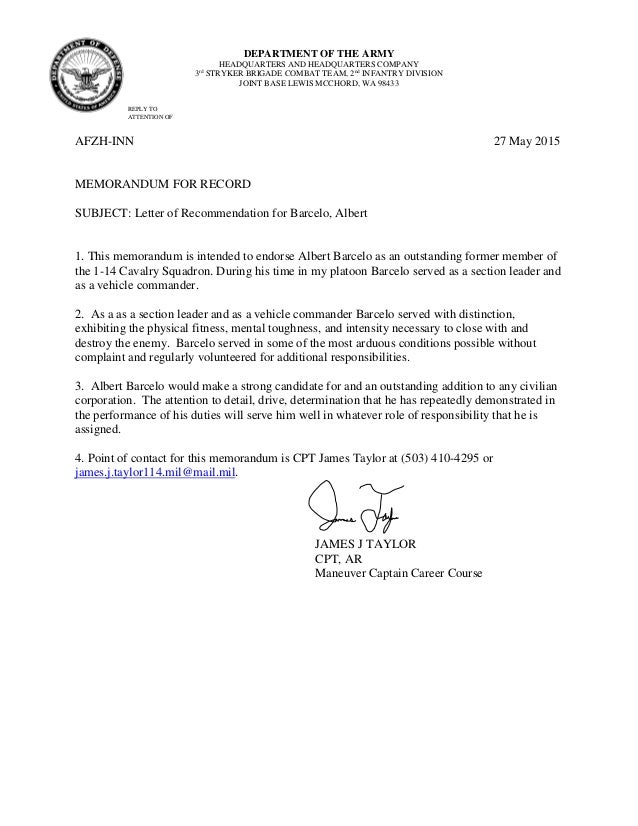 ssg barcelo letter of recommendation letter of recommendation military
