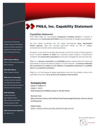 Capabilities Statement:
Since 1986, PN&A, Inc. has provided management consulting services to hundreds of
organizations and broad-based (soft skills) training to thousands of managers and employees.
We have worked successfully with U.S. based multi-nationals; large, decentralized
federal agencies; state and municipal government entities; as well as colleges,
universities and non-profit, service-based organizations.
By design, we are small and severely client-focused; we limit the number of client projects to
ensure consistent attention to detail from customized project inception to transformative
completion. We exceed client expectations at each point of engagement each and every time.
PN&A, Inc.’s diversity, productivity and profitability programs present bottom line issues and
opportunities to improve the efficient utilization of human resources. A conscious dedication
and commitment to excellence is the hallmark of organizations planning for a profitable
future in a competitive marketplace.
PN&A, Inc. is in the business of helping organizations move from the actuality of today to the
potentiality of tomorrow. Let us serve you by assisting in that transition.
Information Technology Solutions
Business Management
Company Info:
DUNS #: 943864116
CAGE #: 1VUT4
GSA Schedule 874 MOBIS Contract #: GS-02F-0015K
Business Type:
Black American Owned, Self-Certified Small Disadvantaged Business, Women-Owned
Small Business
NAICS Codes:
541611, 541612, 541613, 541720, 541910, 611430, 611710
Organizational Development;
Strategic Planning; Team Building;
Executive Coaching; Leadership &
Management Training; Business
Ethics; Diversity and Inclusion.
DOE Program Offices
Office of Environmental Management
Office of Science
DOE Staff Offices
Office of Inspector General
DOE Labs & Technology
Los Alamos National Laboratory
Oak Ridge National Laboratory
Savannah River National Laboratory
Brookhaven National Laboratory
DOE Field Sites
Carlsbad Field Office
Idaho Operations Office
Office of Science Field Offices
Richland Operations Office
Savannah River Operations Office
Other Government Agencies
DLA, EPA and VA
PN&A, Inc. Capability Statement
 
