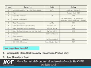 Item Details Unit Index
1 Designed Capacity: Million Tons/Annual Mt/a 5.0Mt/a， 10.0Mt/a
2 Type Thermal Coal CHPP
3 Capacity Ton/Hour t/h 1894
4 Working Arrangement
330 days annual, 16 hours for
each day, total:5280 Hours Annual
5 Water Consumption m3/Day 160
6 Water Consumption for Row Coal m3/ton R.O.M <0.01
7 Power Consumption for Row Coal kWh/ton R.O.M 3.08
8 Heavy Medium Consumption for Row Coal Kg/ton R.O.M 0.88
9 Workers Number of People 51
10 Labor Capacity
(1)Workers’ Capacity Ton/(Worker*Day) 918
(2) full efficiency Ton /(Worker*Day) 797
1. Appropriate Clean Coal Recovery (Reasonable Product Mix);
2. Low Operations Cost.
How to get best benefit?
Main Technical-Economical IndexesI---Guo Jia He CHPP
郭家河选煤厂
 