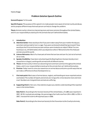 HayleySkaggs
Problem-Solution Speech Outline
General Purpose:To Persuade
SpecificPurpose:The purpose of thisspeechisto make people more aware of animal crueltyandabuse,
and to propose differentwaysthateachpersoncanhelpto change the problem.
Thesis:Animal crueltyinAmericaisbecomingmore andmore commonthroughoutthe UnitedStates,
and itis our responsibilitytostandupfor the animalsthatcan’t defendthemselves.
I. Introduction:
A. AttentionGetter:How wouldyoufeel if youwere takenawayfromyourmotherthe dayyou
were bornand youhad to live ina cage-if youwere sentenced todeathbeinginnocent?How
wouldyoufeel if noone knewyourpainandyou were treatedasan object?What if no one
heardyour cry, leftdefenseless whenyoudependonothers?Welcometothe life of abused
animalsaroundthe world.
B. ListenerRelevance:Most of us have petsat home that we love andcare for,but not all animals
are as lucky.
C. SpeakerCredibility:Ihave beenvolunteeringatthe BowlingGreenHumane Societysince I
movedhere inAugust,workingwithanimalswithall differentstories.
D. Thesis:Animal crueltyinAmericaisbecomingmore andmore commonthroughoutthe United
States,andit isour responsibilitytostandup forthe animalsthat can’tdefendthemselves.
E. Preview:TodayI want to raise yourawarenessonanimal abuse andcome up withwaysthat we
can make a difference tothose thatdependonus.
II. First mainpoint:Most cases of animal abuse,neglect,andhoardingare neverreported andare
overlooked.The numberof reportsandarrestsare risingasthe crimesbecome more andmore
cruel. Numbersare risingandmore animalsare suffering.
A. Supporting Point1: Here are a few statisticstogive youa betterunderstandingof the reported
casesin the UnitedStates:
Data Point 1: Accordingtothe Humane Societyof the UnitedStates, of 1,880 casesreportedin
2007, 82.5% involvedcatsanddogs, the percentage of pit-bullsrose from13% in2001 to 25% in
2007, livestockfell victimto44 reportedcasesin2006.
Data Point 2: Accordingtothe AmericanSocietyforthe Preventiontothe CrueltytoAnimals,
 