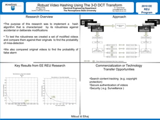 Robust Video Hashing Using The 3-D DCT TransformMiloud Id Elhaj
mxi10@psu.edu
Southern Methodist University
Dr. Vishal Monga
vmonga@engrpsu.edu
http://signal.ee.psu.edu
Electrical Engineering Department
The Pennsylvania State University
2010 EE
REU
Program
Miloud Id Elhaj
Research Overview Approach
Commercialization or Technology
Transfer Opportunities
Key Results from EE REU Research
•The purpose of this research was to implement a hash
algorithm that is characterized by its robustness against
accidental or deliberate modifications
• To test the robustness we created a set of modified videos
and compare them against their originals to find the probability
of miss-detection
•We also compared original videos to find the probability of
false alarm
•Search content tracking (e.g. copyright
protection)
•Secure authentication of videos
•Security ( e.g. Surveillance )
 