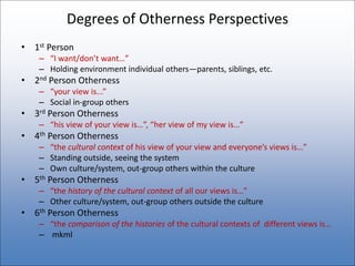 Degrees of Otherness Perspectives
• 1st Person
– “I want/don’t want…”
– Holding environment individual others—parents, siblings, etc.
• 2nd Person Otherness
– “your view is...”
– Social in-group others
• 3rd Person Otherness
– “his view of your view is…”, “her view of my view is…”
• 4th Person Otherness
– “the cultural context of his view of your view and everyone’s views is…”
– Standing outside, seeing the system
– Own culture/system, out-group others within the culture
• 5th Person Otherness
– “the history of the cultural context of all our views is…”
– Other culture/system, out-group others outside the culture
• 6th Person Otherness
– “the comparison of the histories of the cultural contexts of different views is…
– mkml
 