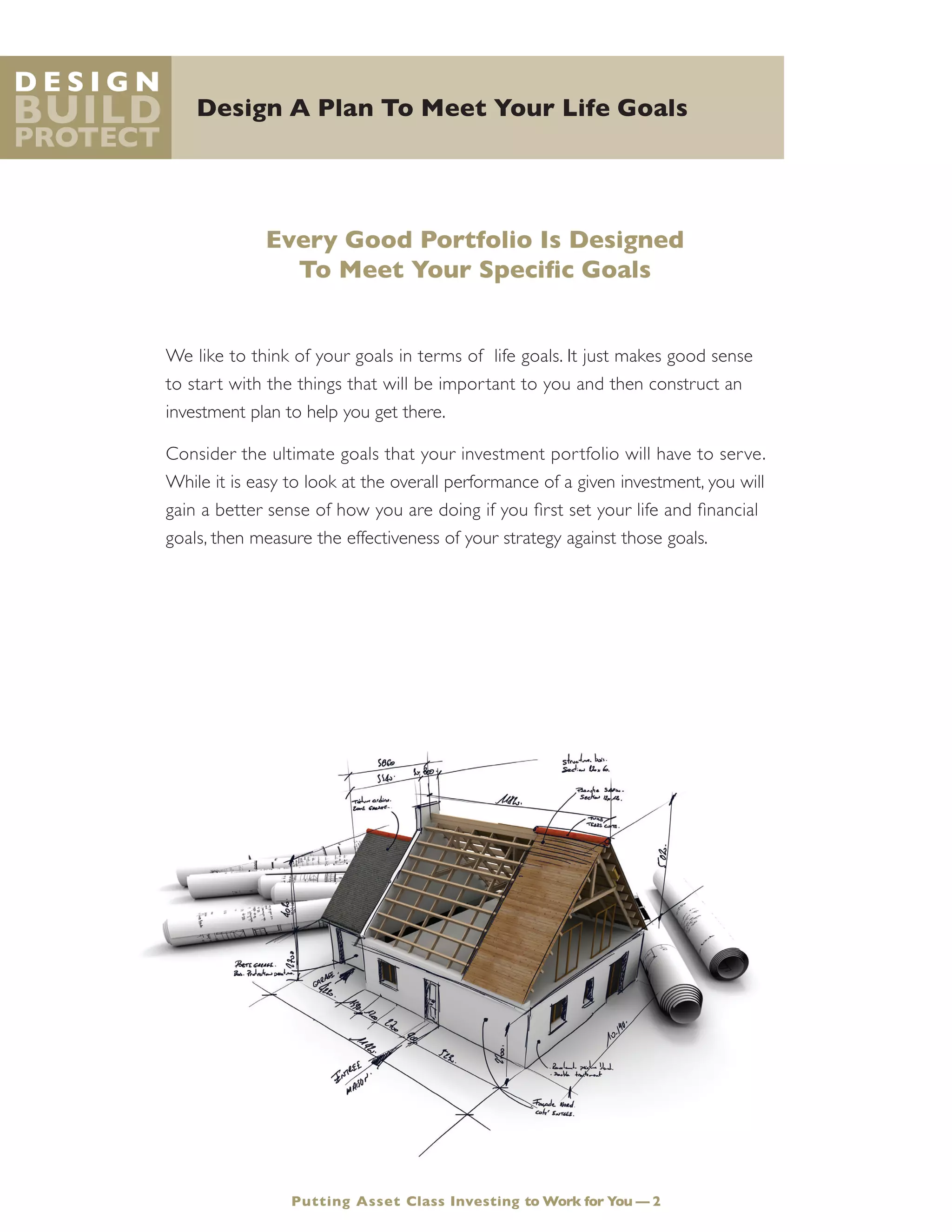 Every Good Portfolio Is Designed
To Meet Your Specific Goals
We like to think of your goals in terms of life goals. It just makes good sense
to start with the things that will be important to you and then construct an
investment plan to help you get there.
Consider the ultimate goals that your investment portfolio will have to serve.
While it is easy to look at the overall performance of a given investment, you will
gain a better sense of how you are doing if you first set your life and financial
goals, then measure the effectiveness of your strategy against those goals.
Design A Plan To Meet Your Life Goals
D e s i g n
Build
Protect
Putting Asset Class Investing to Work for You — 2
 